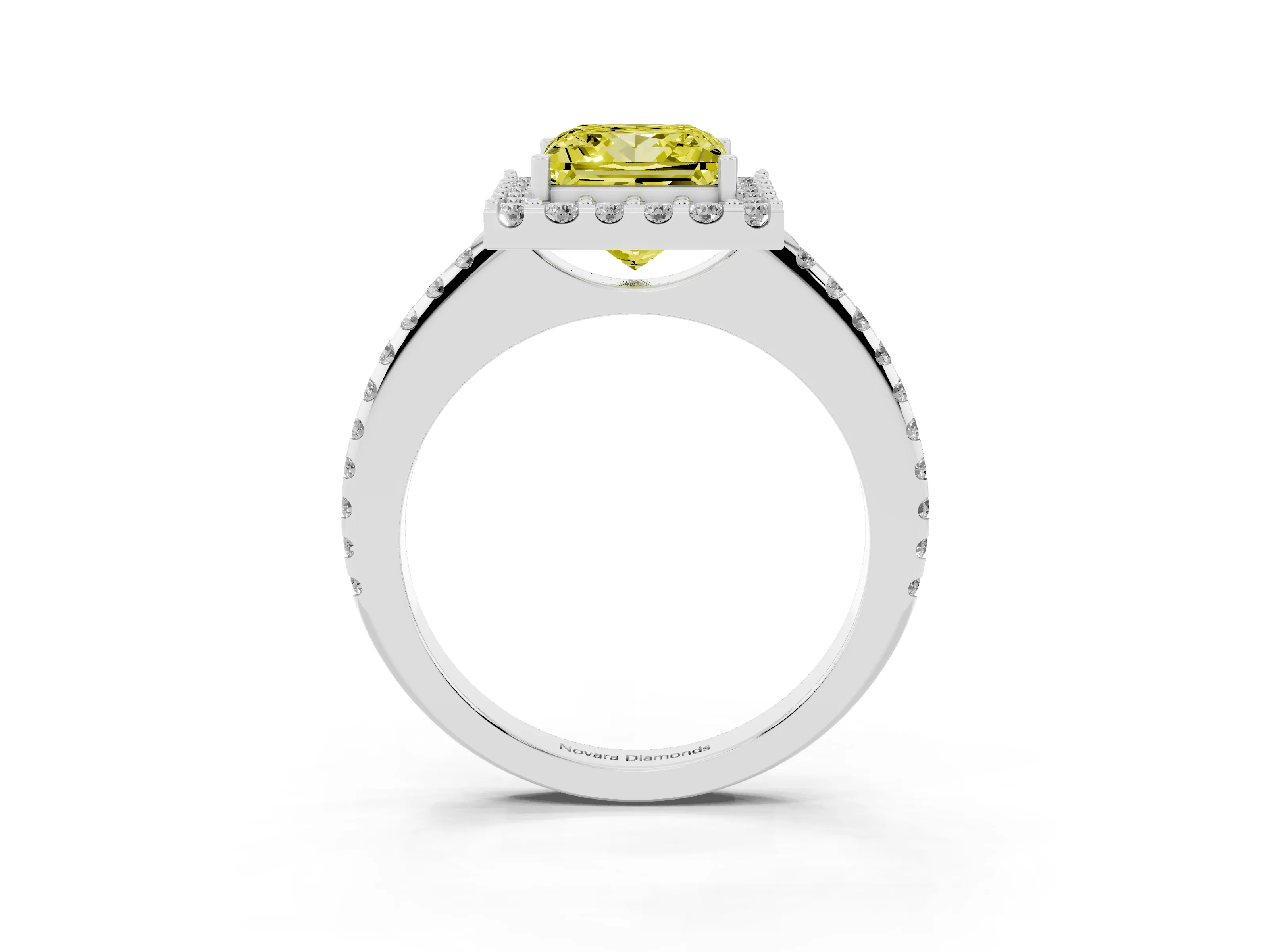 Fancy Yellow Princess Cut Diamond Pavé Halo Ring Set in Platinum with Prong Setting