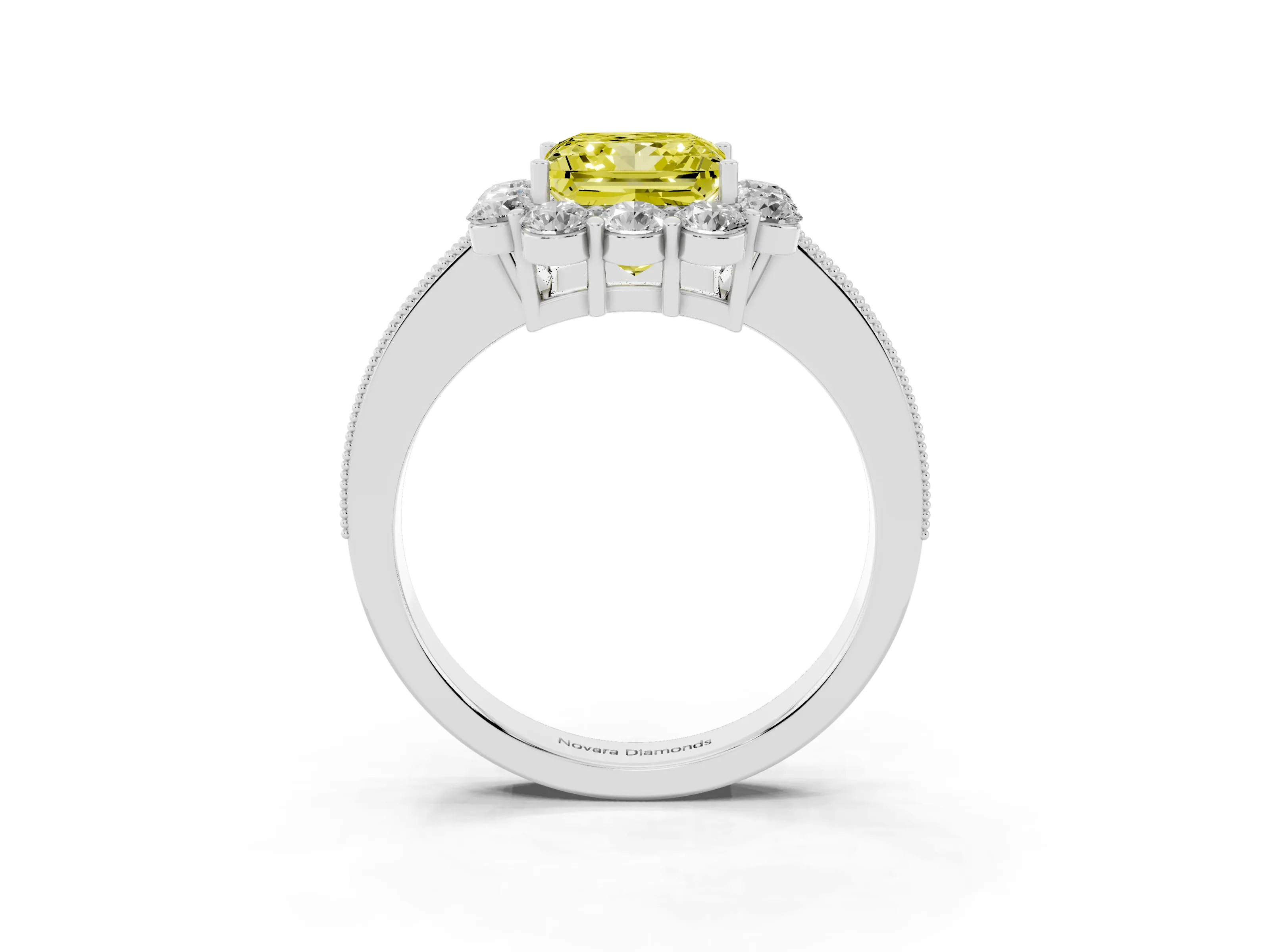 Fancy Yellow Princess Cut Diamond Halo Pavé Engagement Ring Set in White gold with Milgrain Detailing