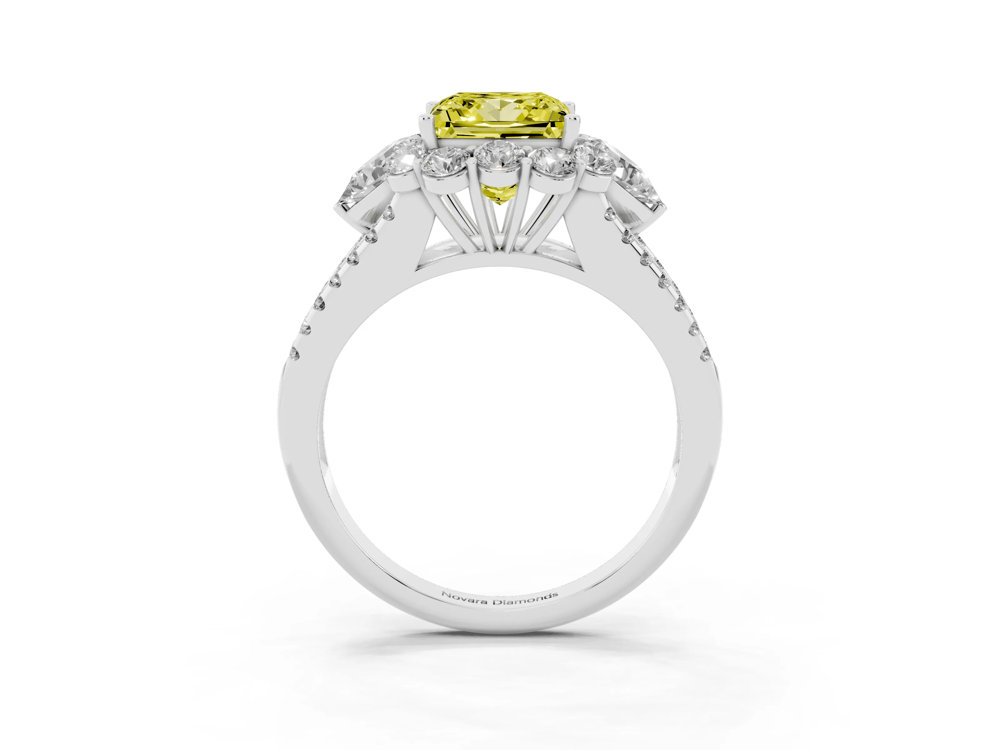 Fancy Yellow Princess Cut Diamond Halo Split Shank Engagement Ring Set in Platinum with Prong-Held Center Stone