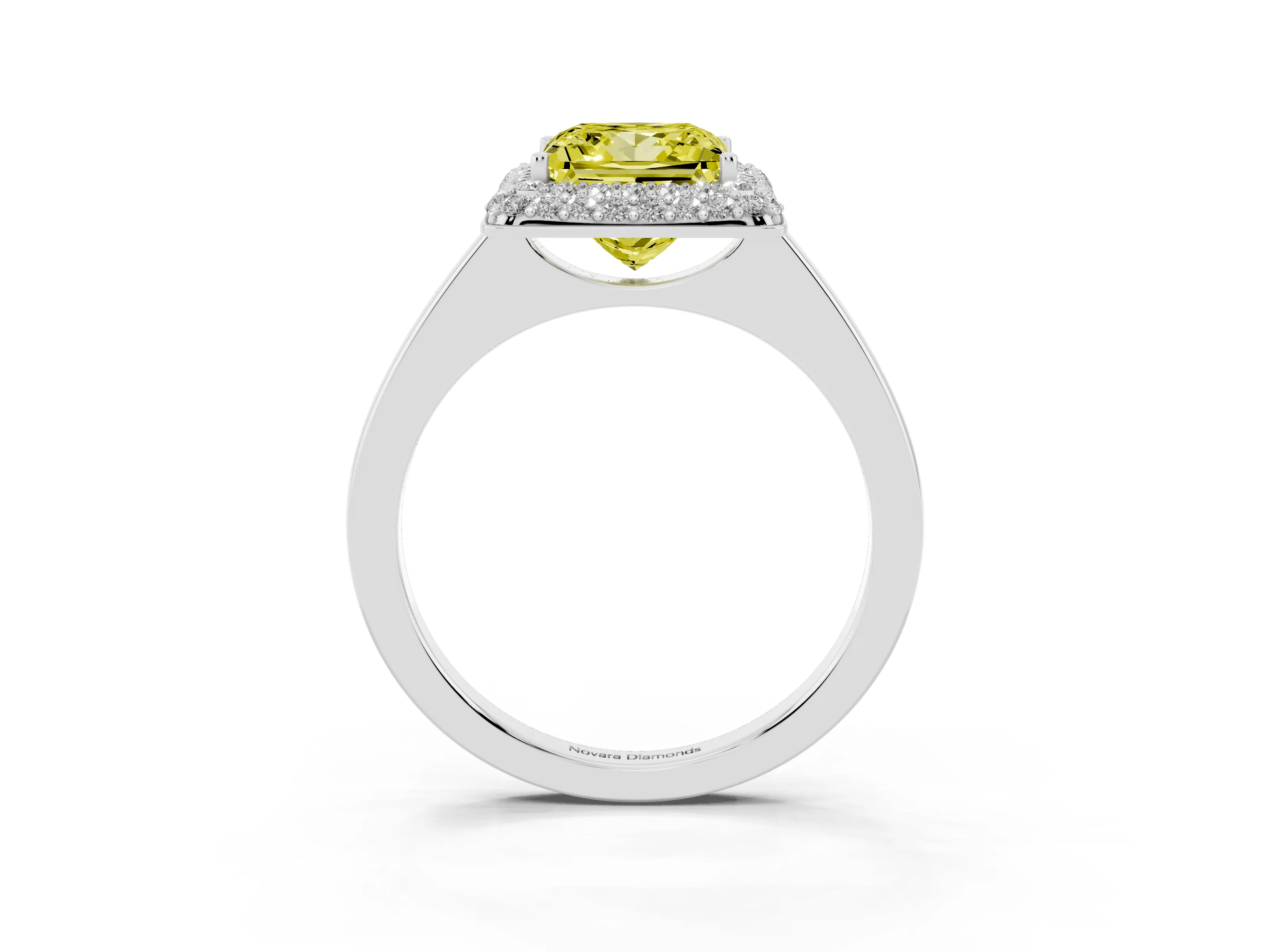 Fancy Yellow Princess Cut Diamond Halo Engagement Ring Set in White gold with Solitaire Band and Prong Setting