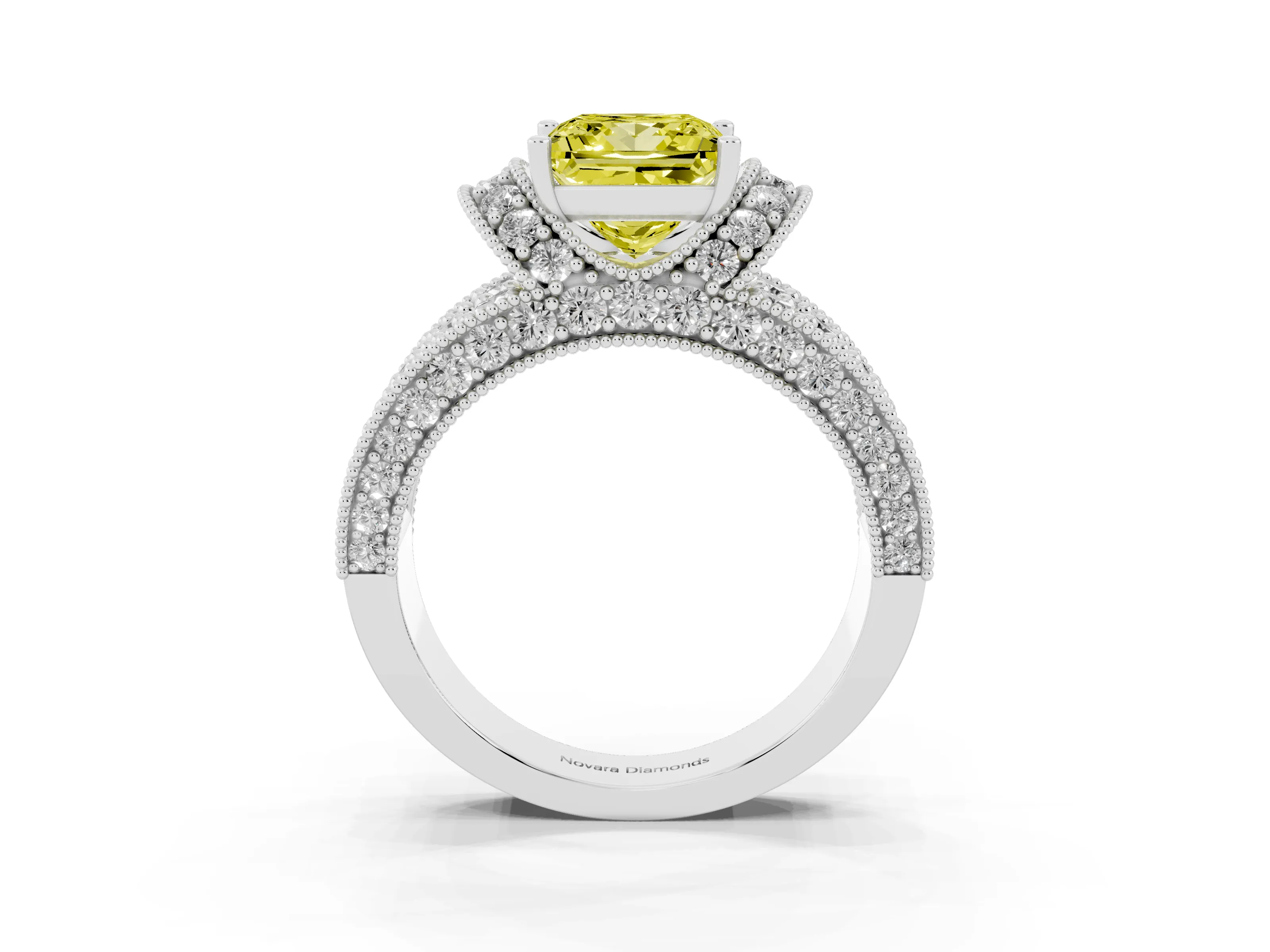 Fancy Yellow Princess Cut Diamond Milgrain Halo Pavé Engagement Ring Set in Silver with Prong Setting