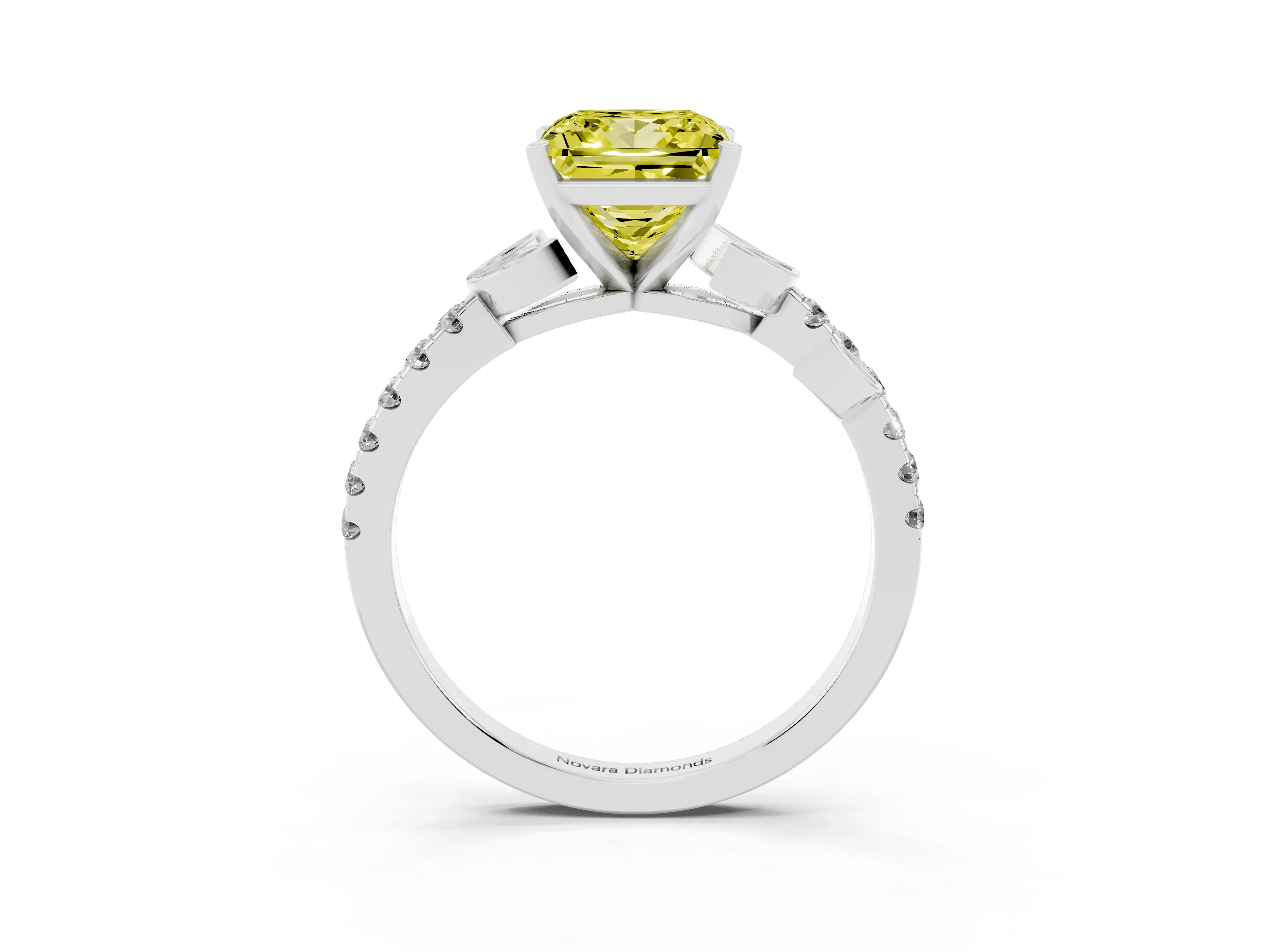 Fancy Yellow Princess Cut Diamond Solitaire Leaf-Inspired Ring Set in White gold with Pavé Band and Prong Setting