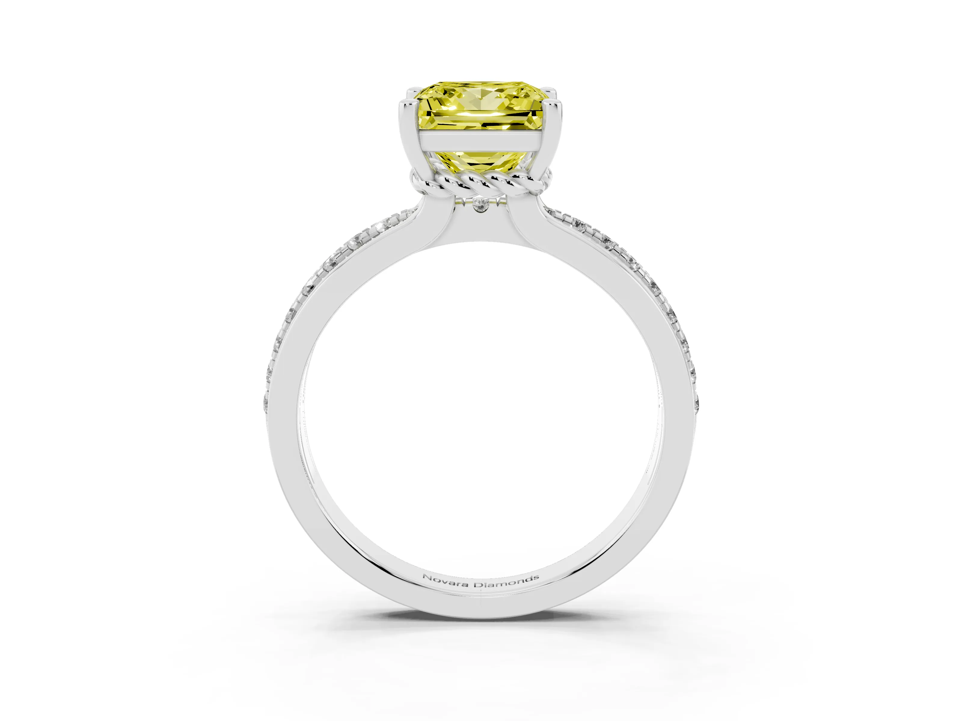 Fancy Yellow Princess Cut Diamond Solitaire Ring Set in White gold with Channel Set Band and Prong Setting