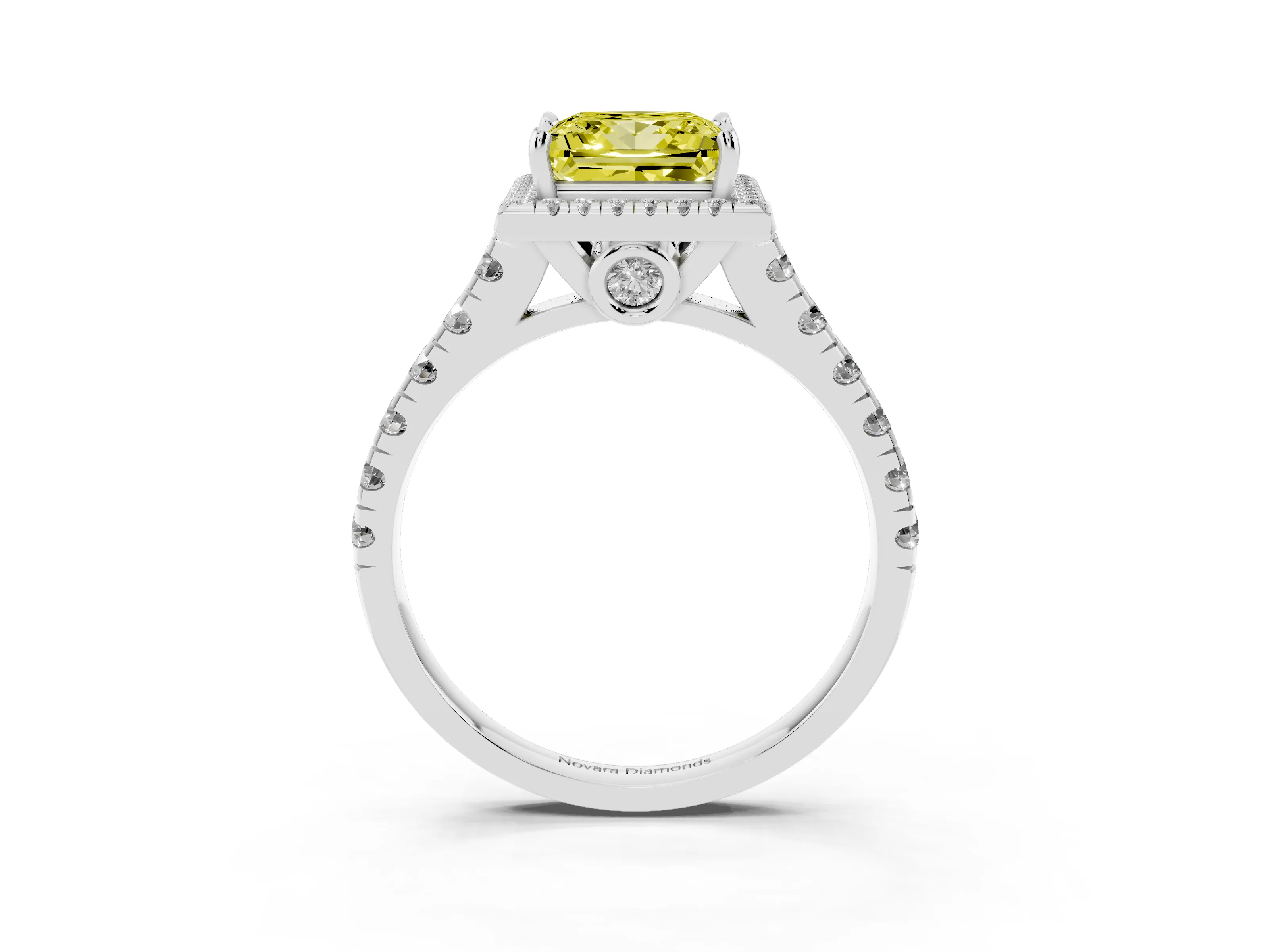 Fancy Yellow Princess Cut Diamond Halo Engagement Ring Set in Platinum with Pavé Band and Prong-Set Center