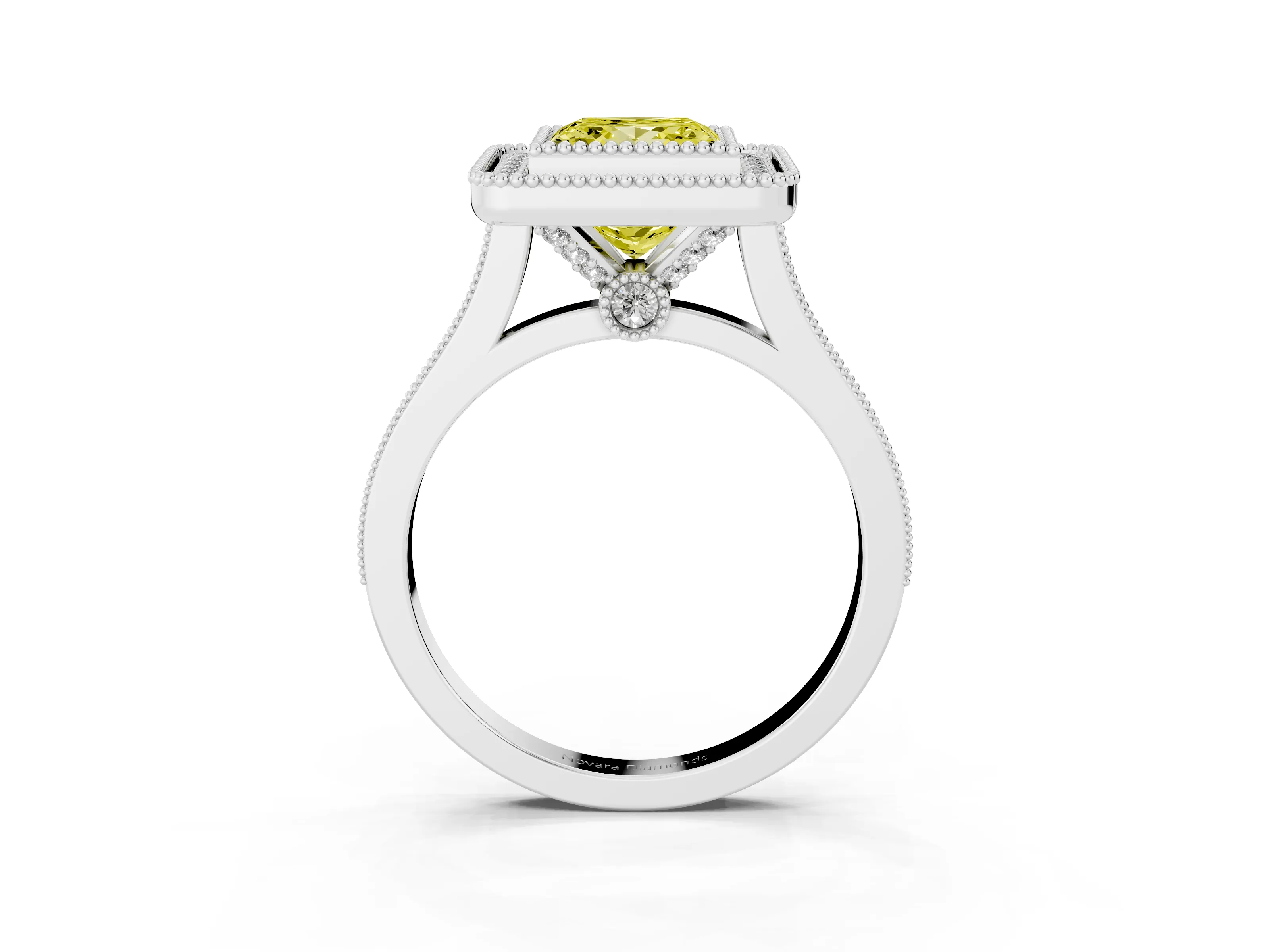 Fancy Yellow Princess Cut Diamond Halo Ring Set in White gold with Milgrain Frame and Pavé Band
