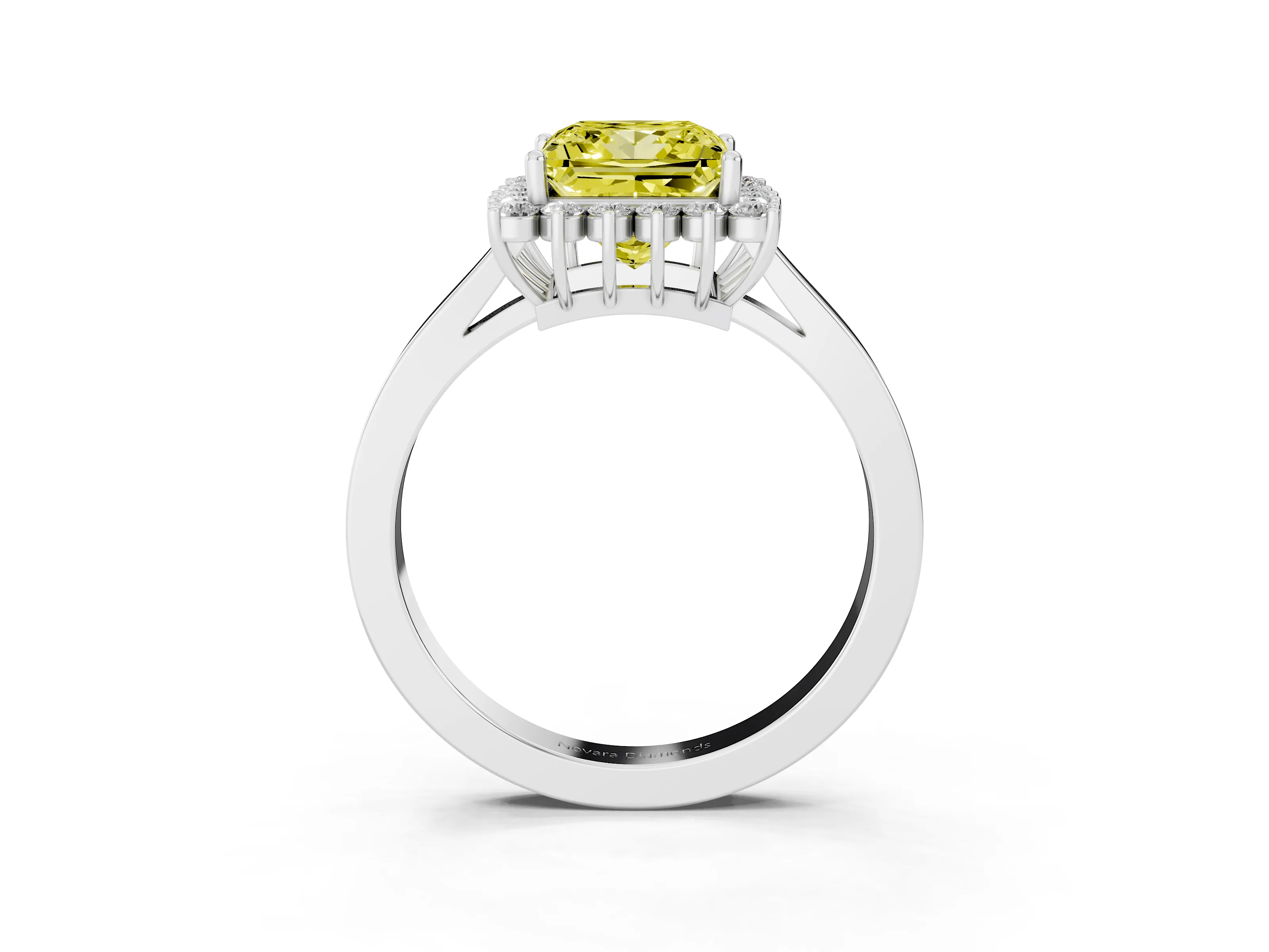 Fancy Yellow Princess Cut Diamond Halo Ring Set in White gold with Round Halo and Smooth Solitaire Band