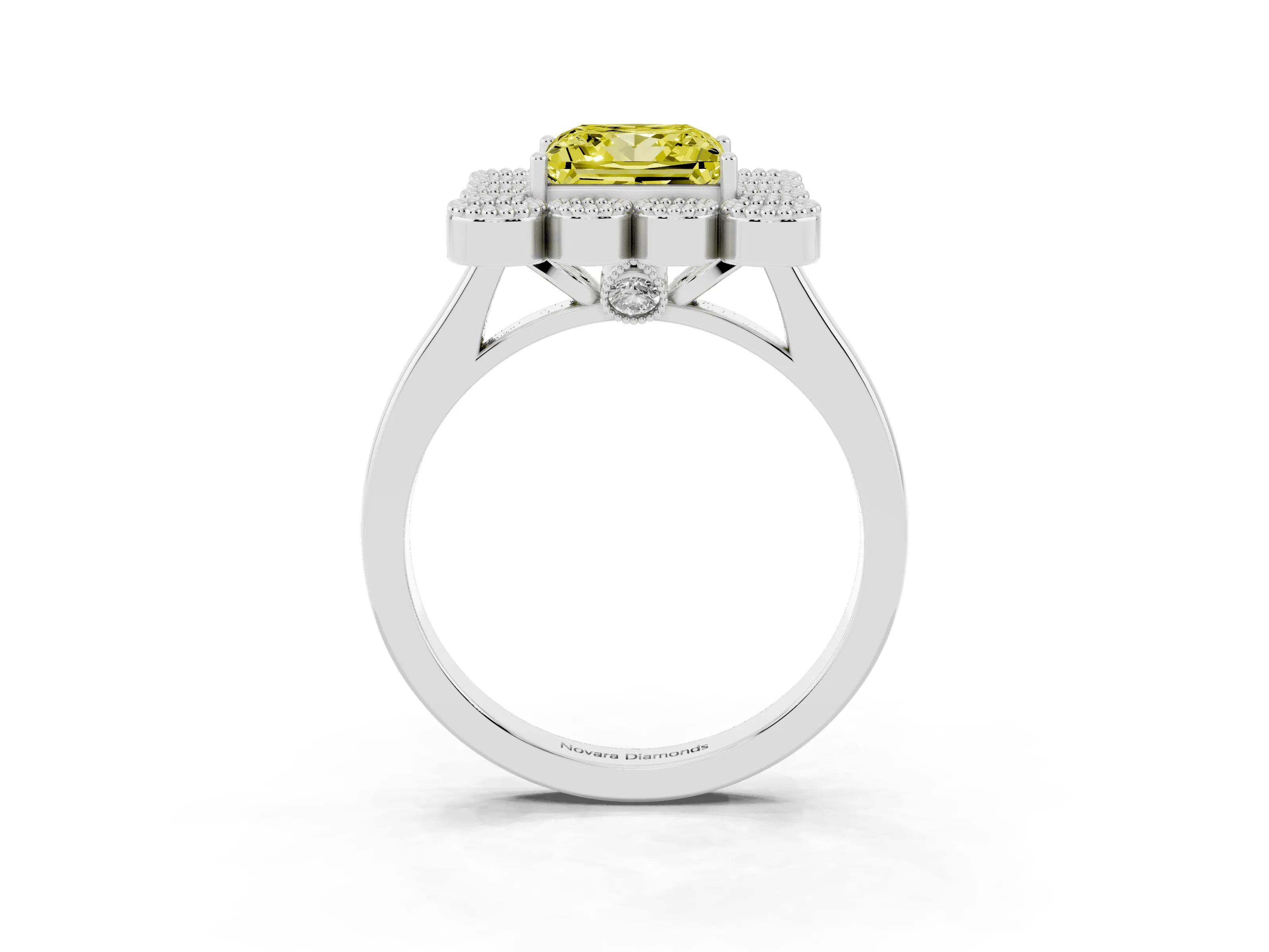 Fancy Yellow Princess Cut Diamond Cluster Halo Ring Set in White gold with Milgrain Bezel Accents and Plain Band