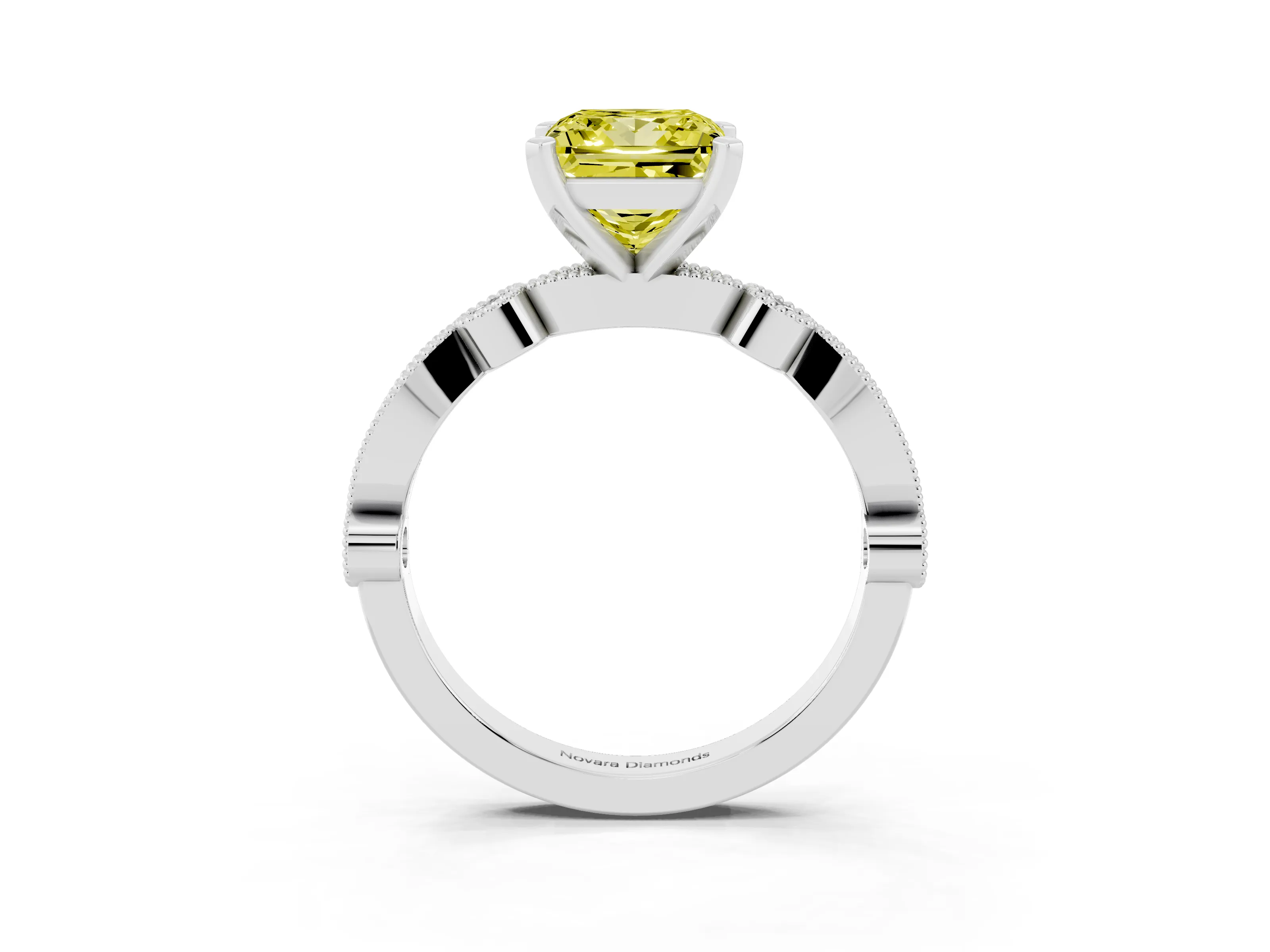 Fancy Yellow Princess Cut Diamond Solitaire Engagement Ring Set in Silver with Milgrain Bezel Accent Band