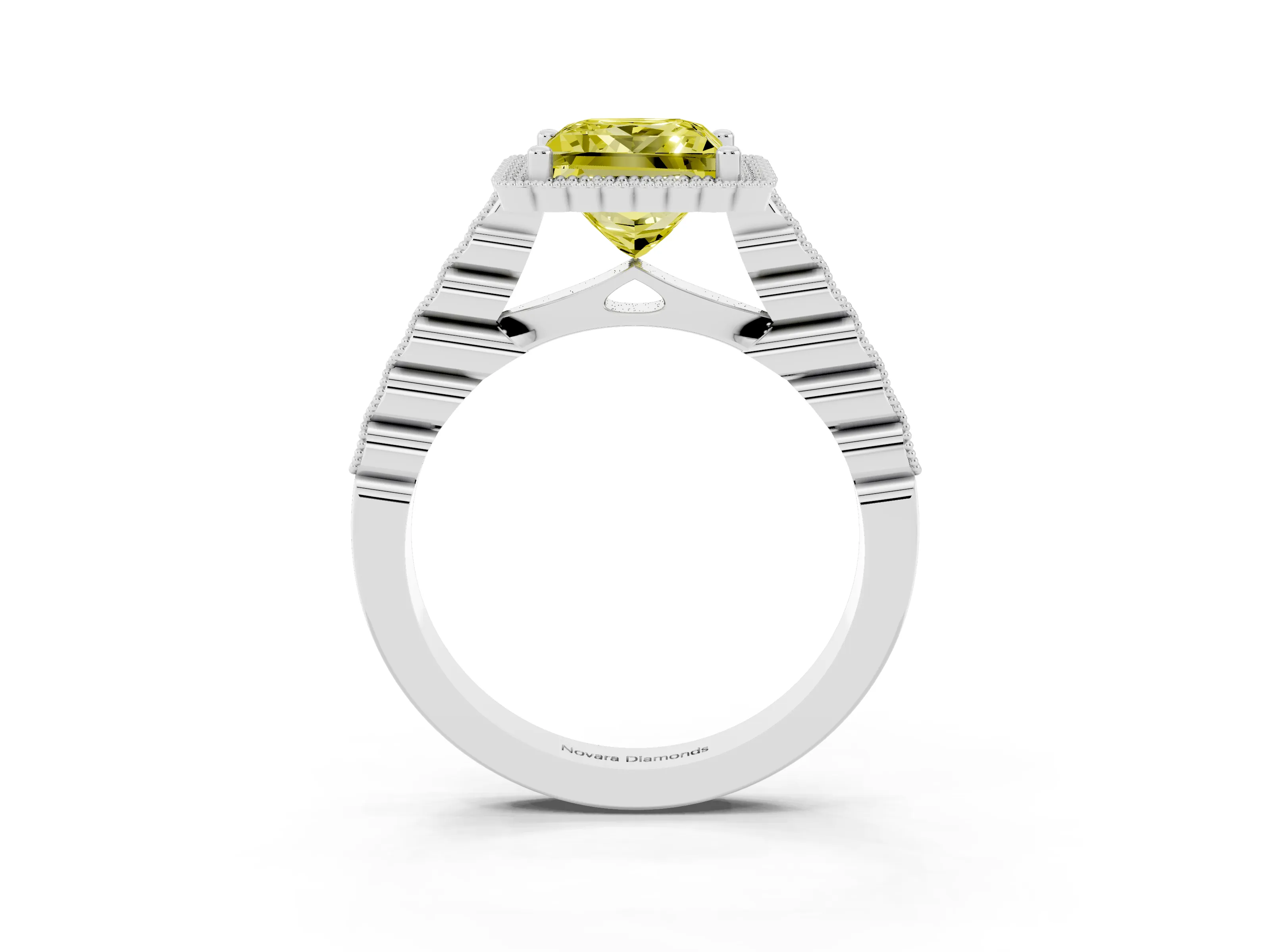 Fancy Yellow Princess Cut Diamond Halo Ring Set in Silver with Pavé Milgrain Band