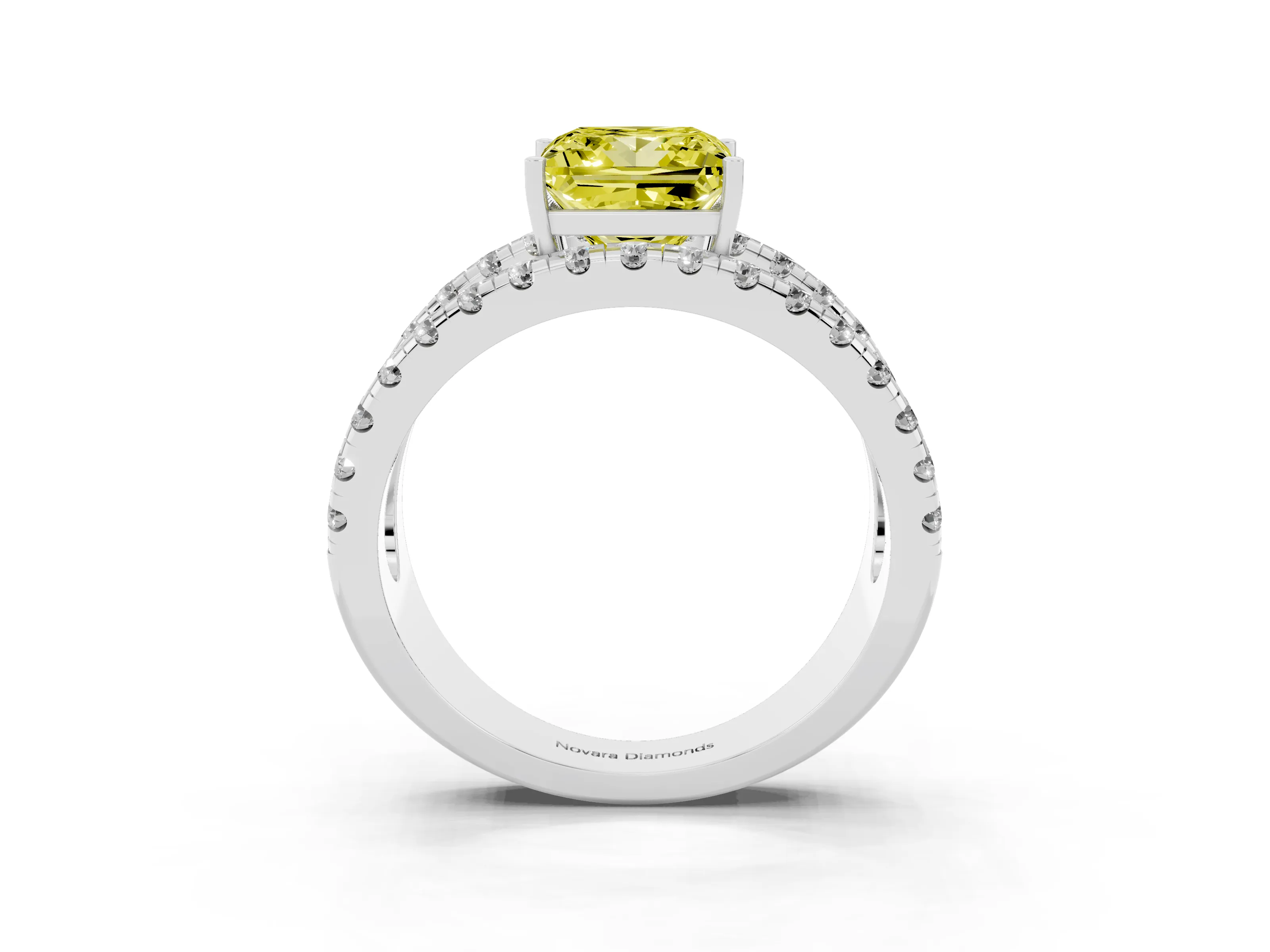 Fancy Yellow Princess Cut Diamond Split Shank Pavé Solitaire Ring Set in White gold with Open Shank Design