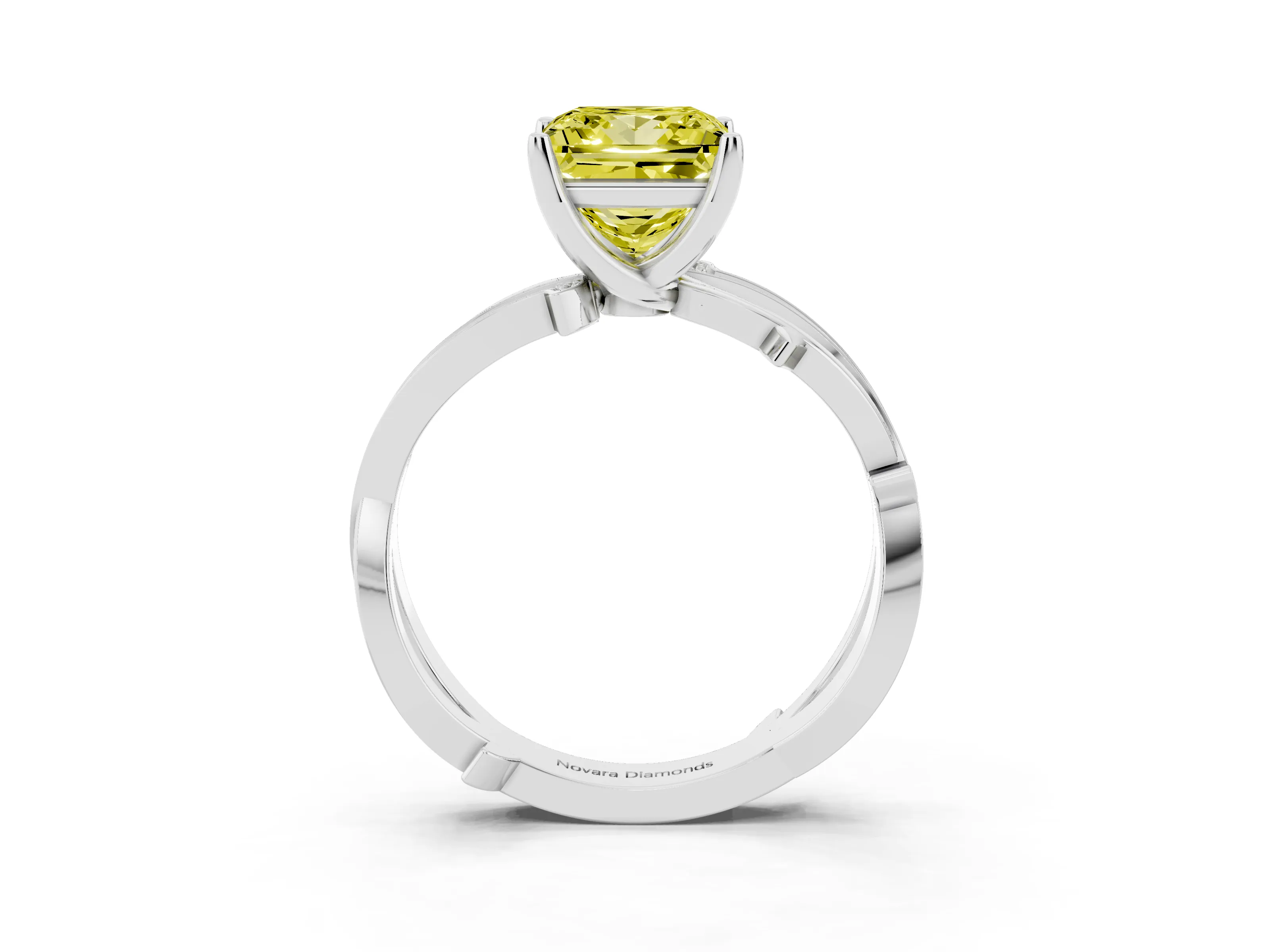 Fancy Yellow Princess Cut Diamond Pavé Twist Band Solitaire Ring Set in Platinum with Prong Setting
