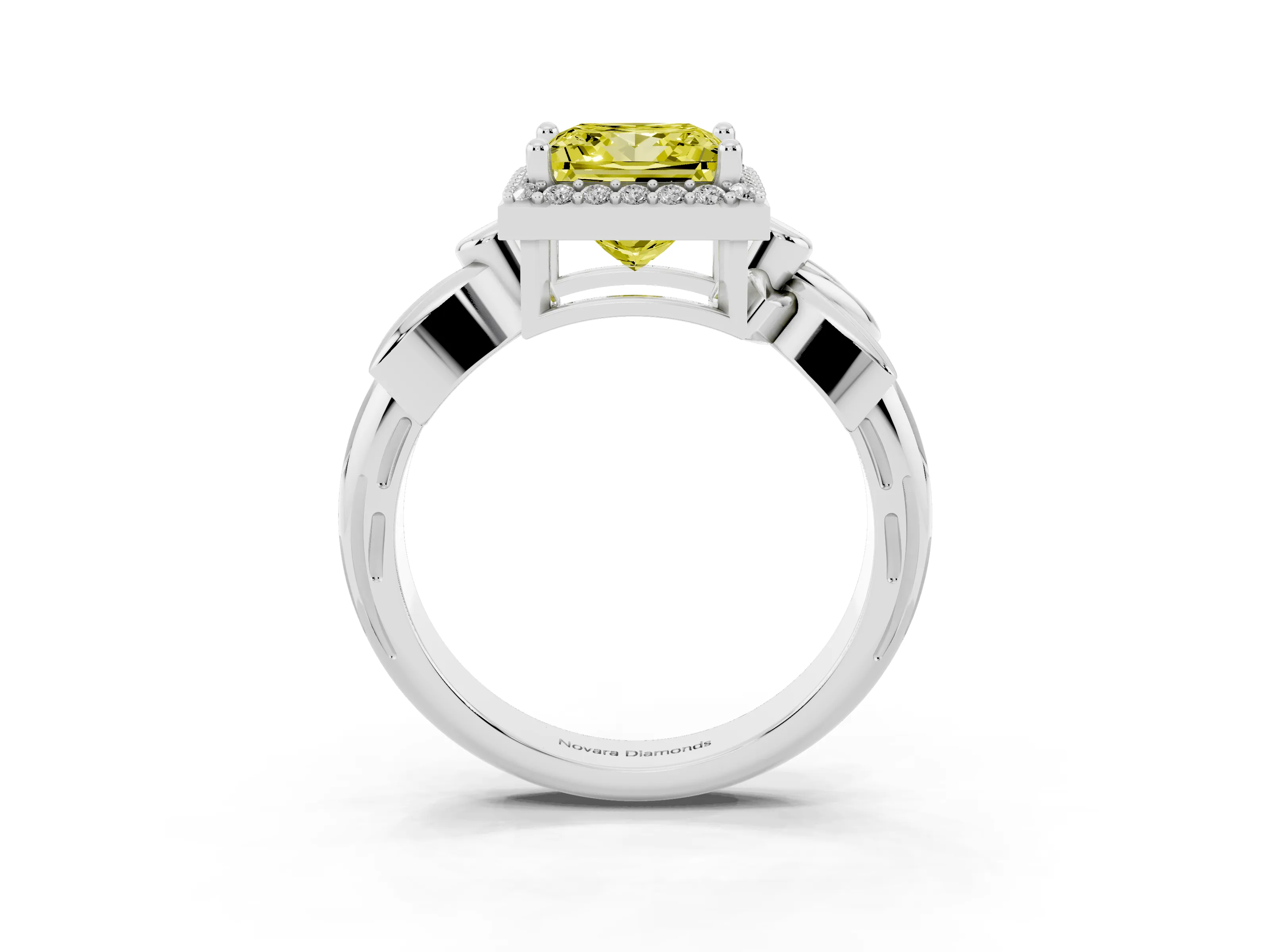 Fancy Yellow Princess Cut Diamond Halo Floral Band Ring Set in Silver with Prong Setting