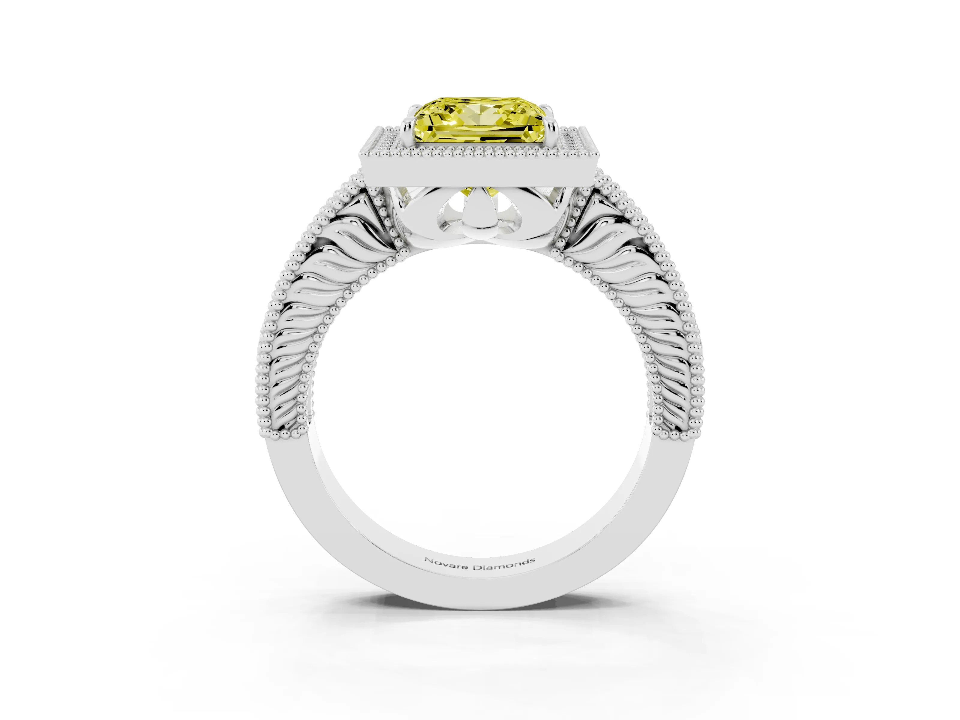 Fancy Yellow Princess Cut Diamond Halo Ring Set in White gold with Round Accent Halo, Pavé Band and Prong Setting