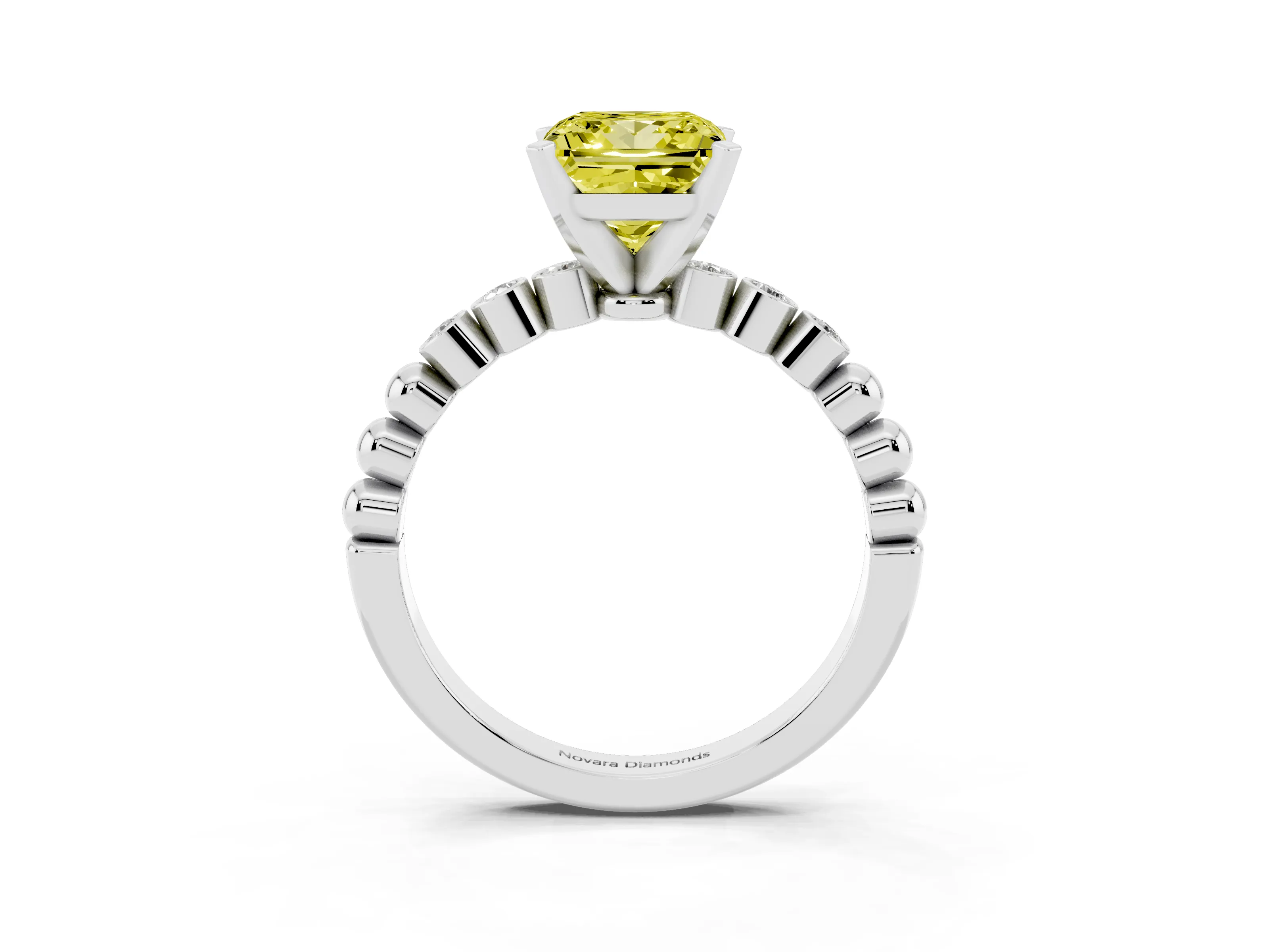 Fancy Yellow Princess Cut Diamond Solitaire Engagement Ring Set in Silver with Bezel Accents on Beaded Band