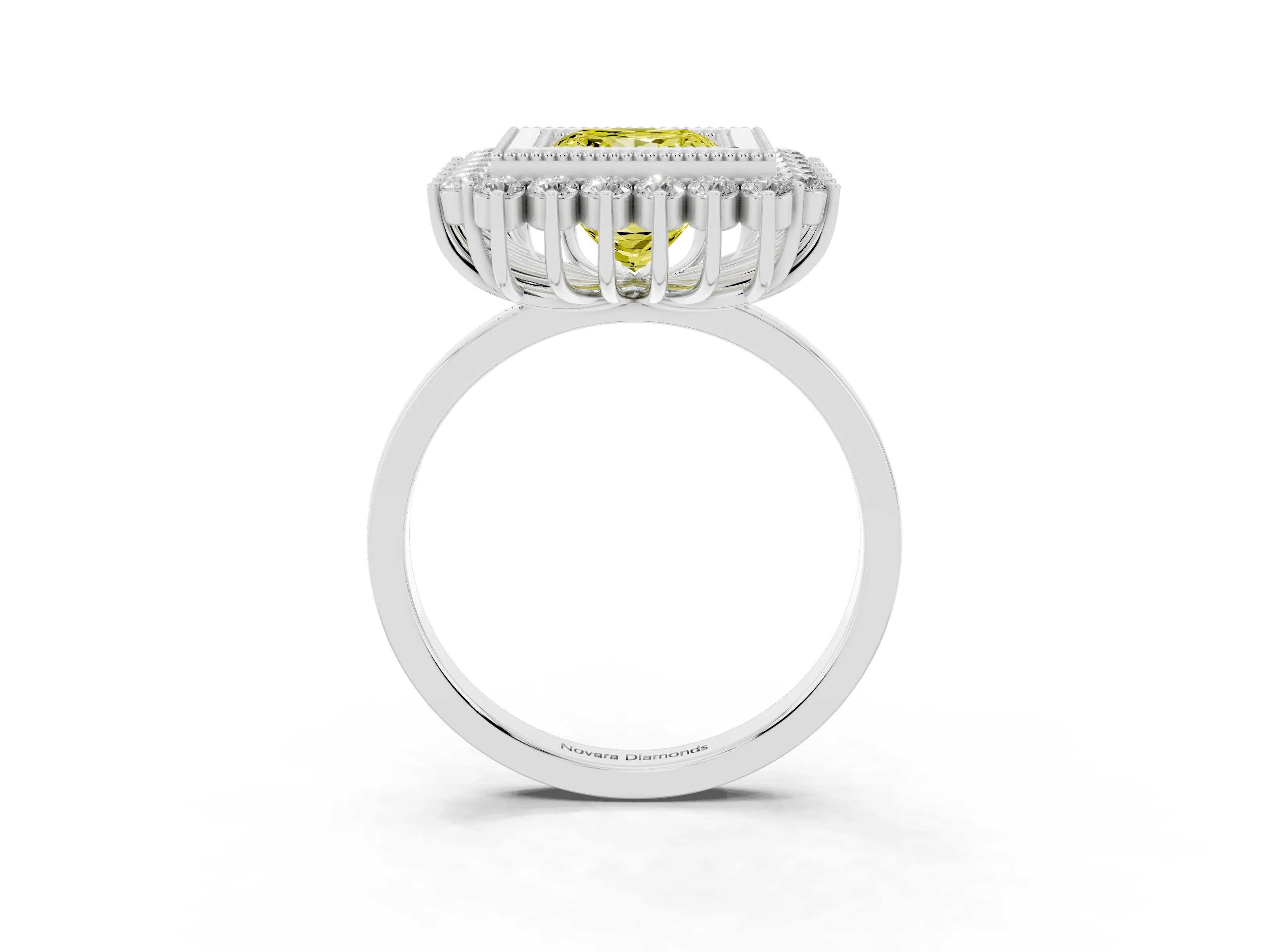 Fancy Yellow Princess Cut Diamond Halo Ring Set in Platinum with Milgrain Edge and Round Prong Setting