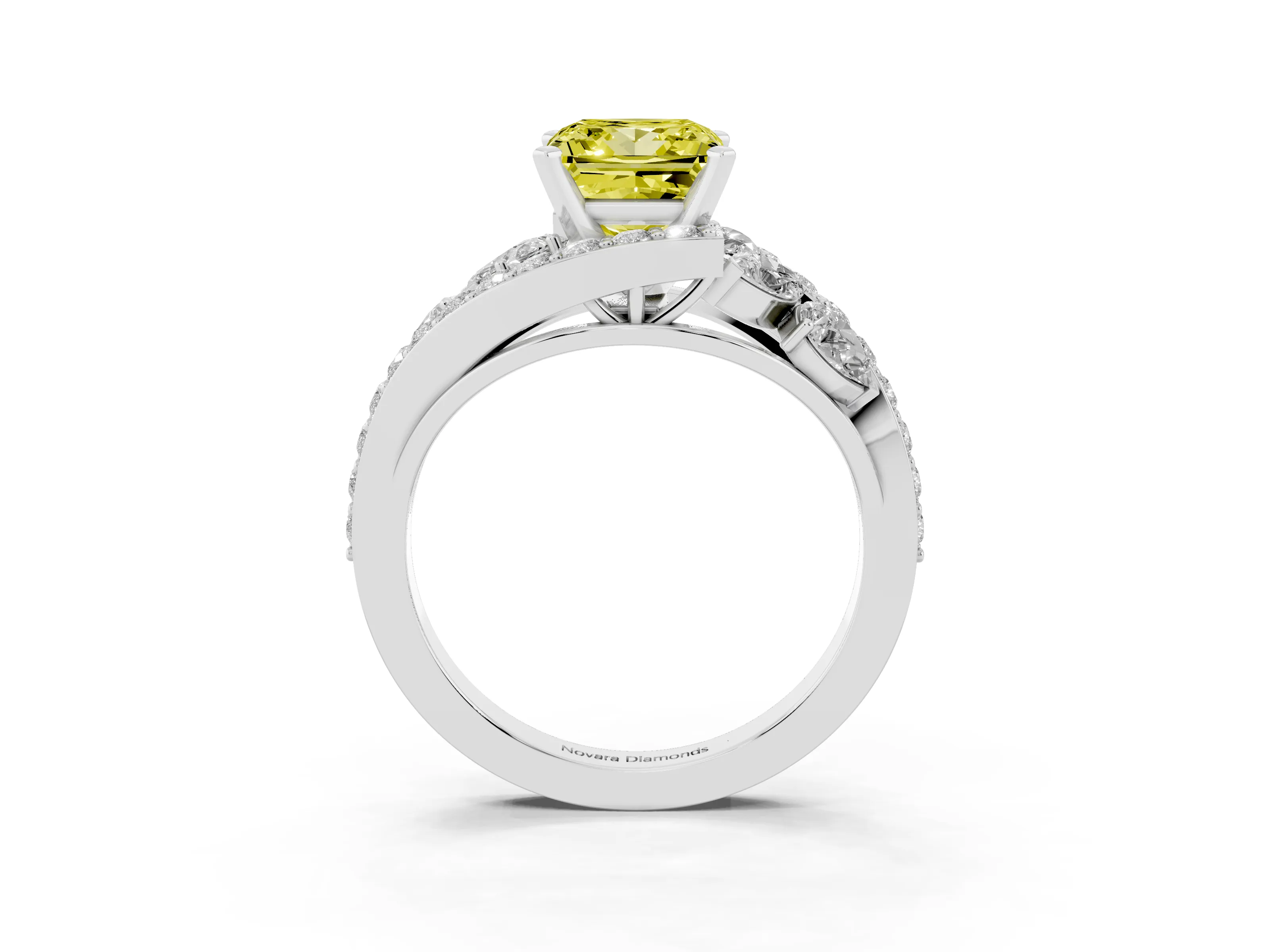 Fancy Yellow Princess Cut Diamond Halo Ring Set in White gold with Marquise and Pavé Band in Prong Setting