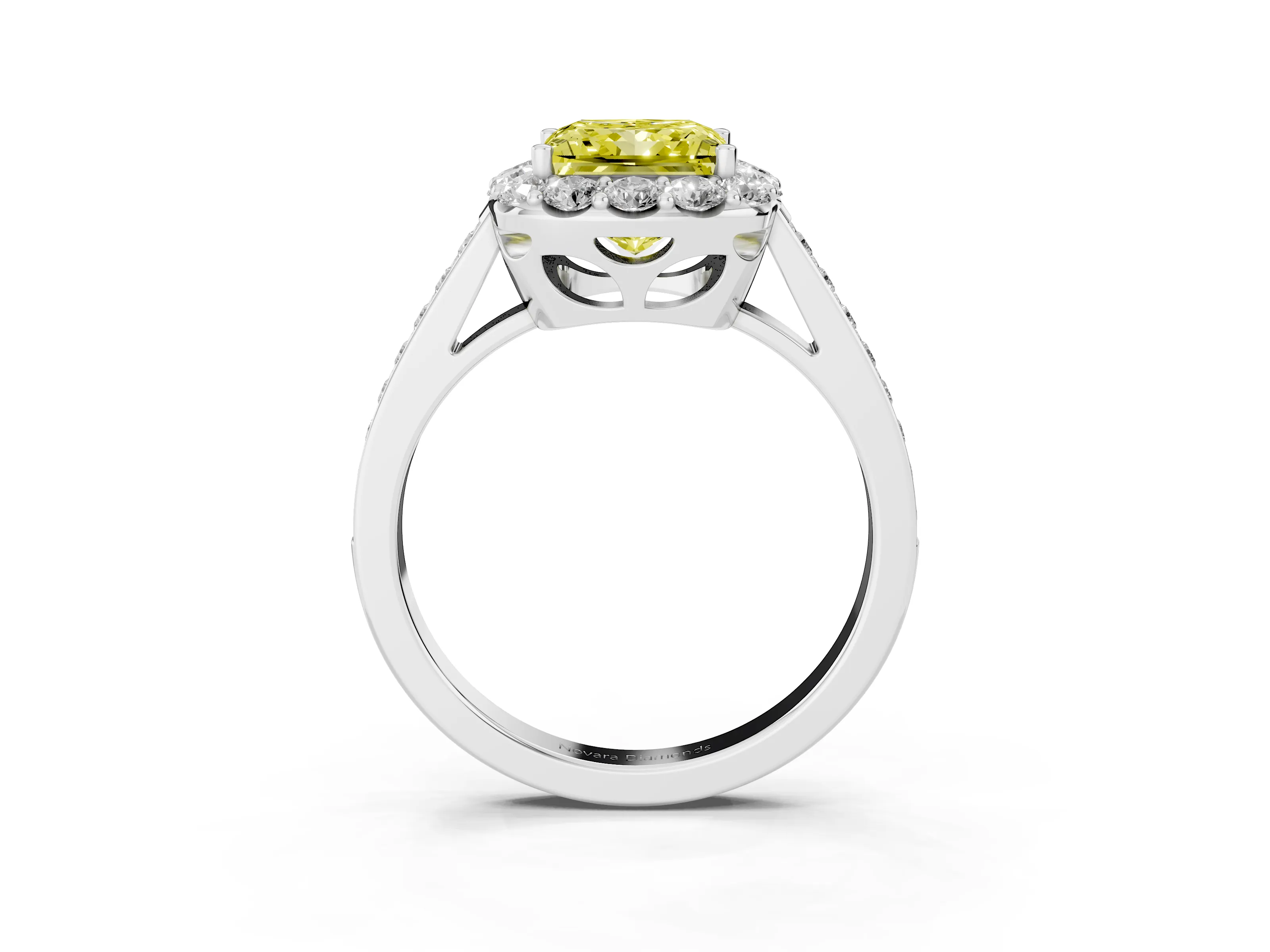 Fancy Yellow Princess Cut Diamond Floral Halo Ring Set in Platinum with Pavé Band and Prong Setting