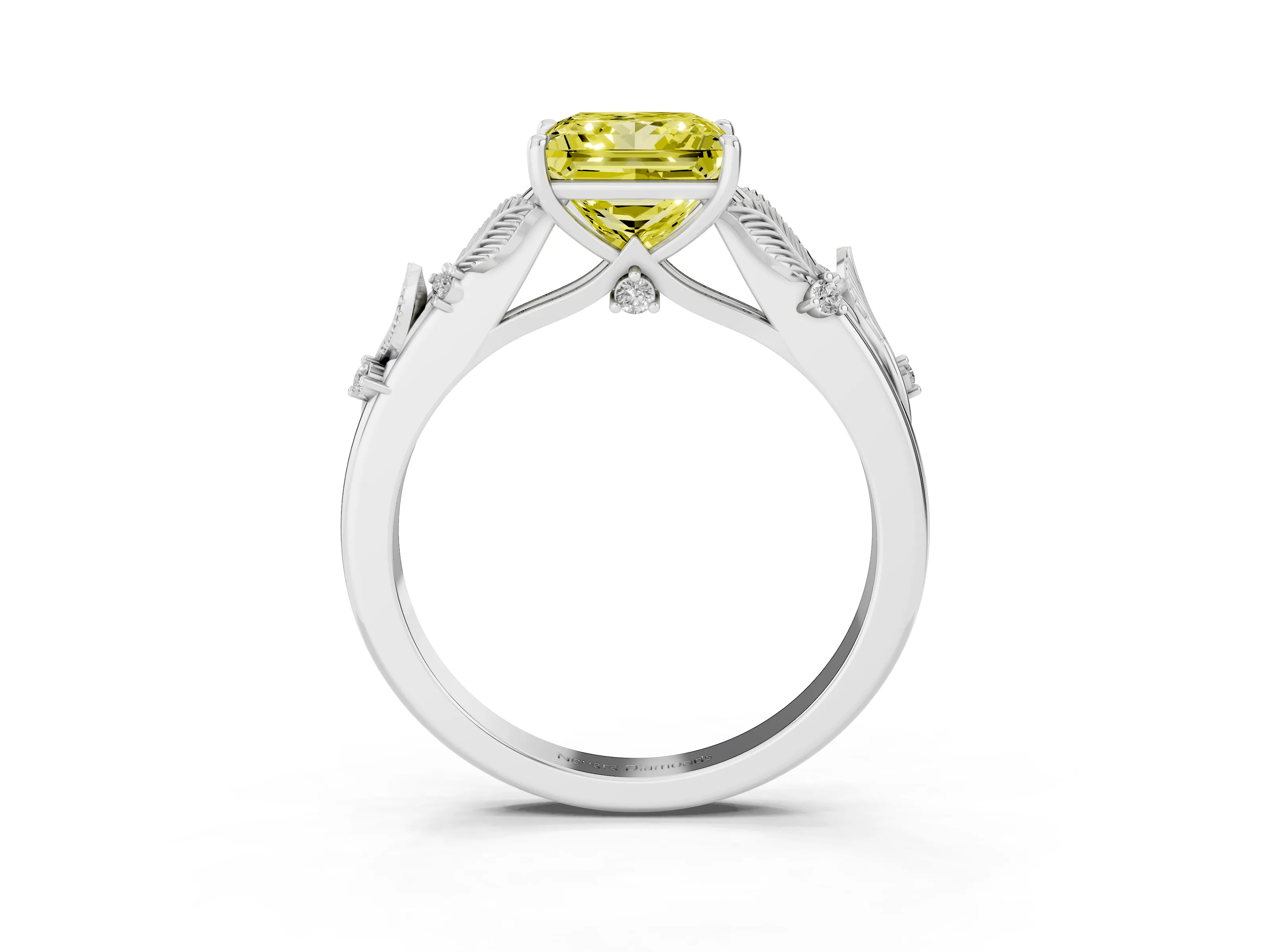 Fancy Yellow Princess Cut Diamond Solitaire Ring Set in Silver with Leaf Motif Band
