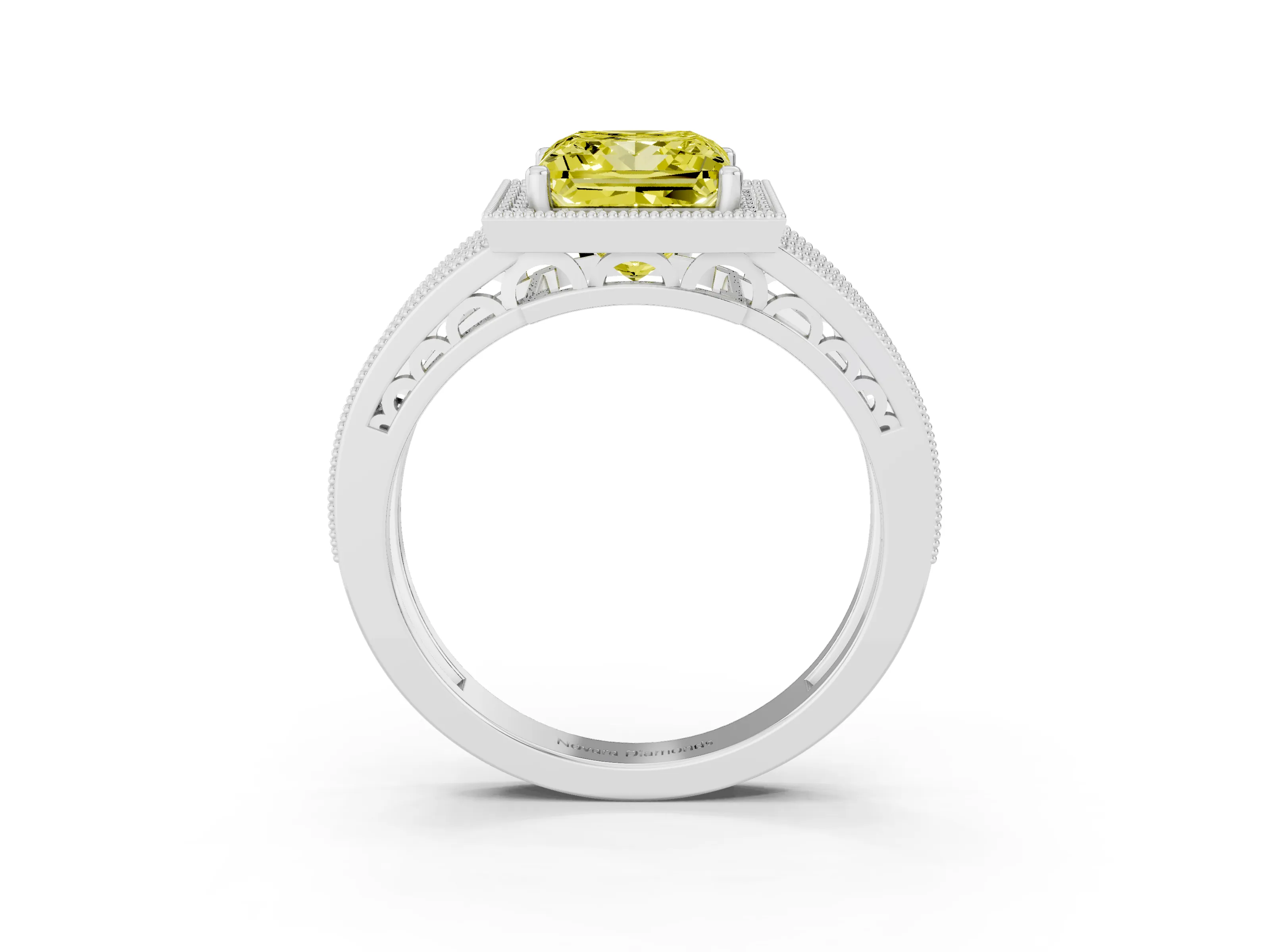 Fancy Yellow Princess Cut Diamond Halo Ring Set in White gold with Accent Split Shank and Prong Setting