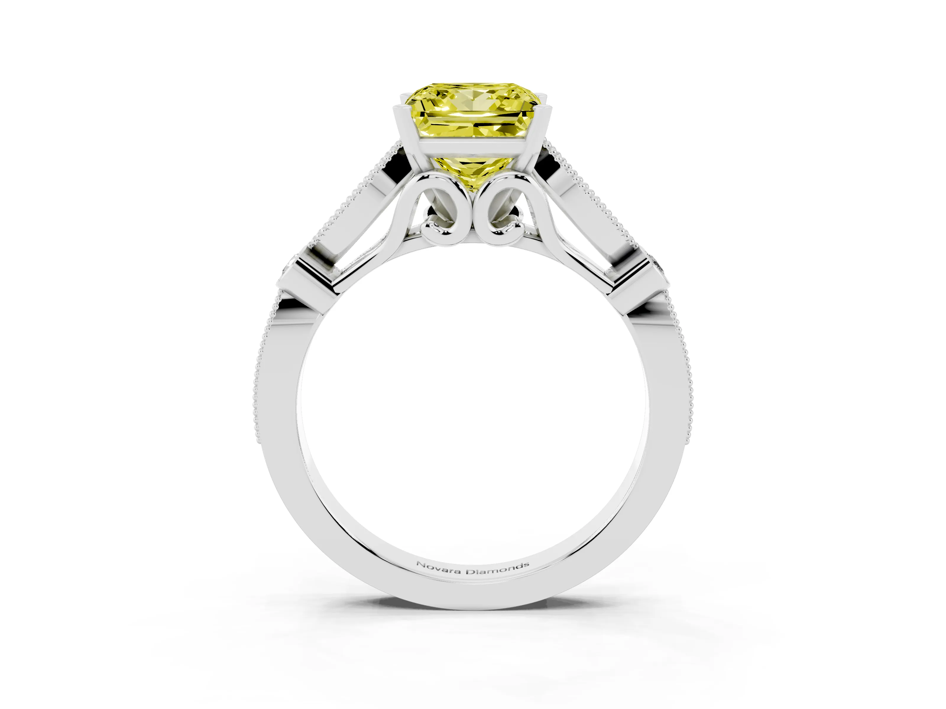 Fancy Yellow Princess Cut Diamond Solitaire Ring Set in Silver with Milgrain Marquise and Bezel Accents