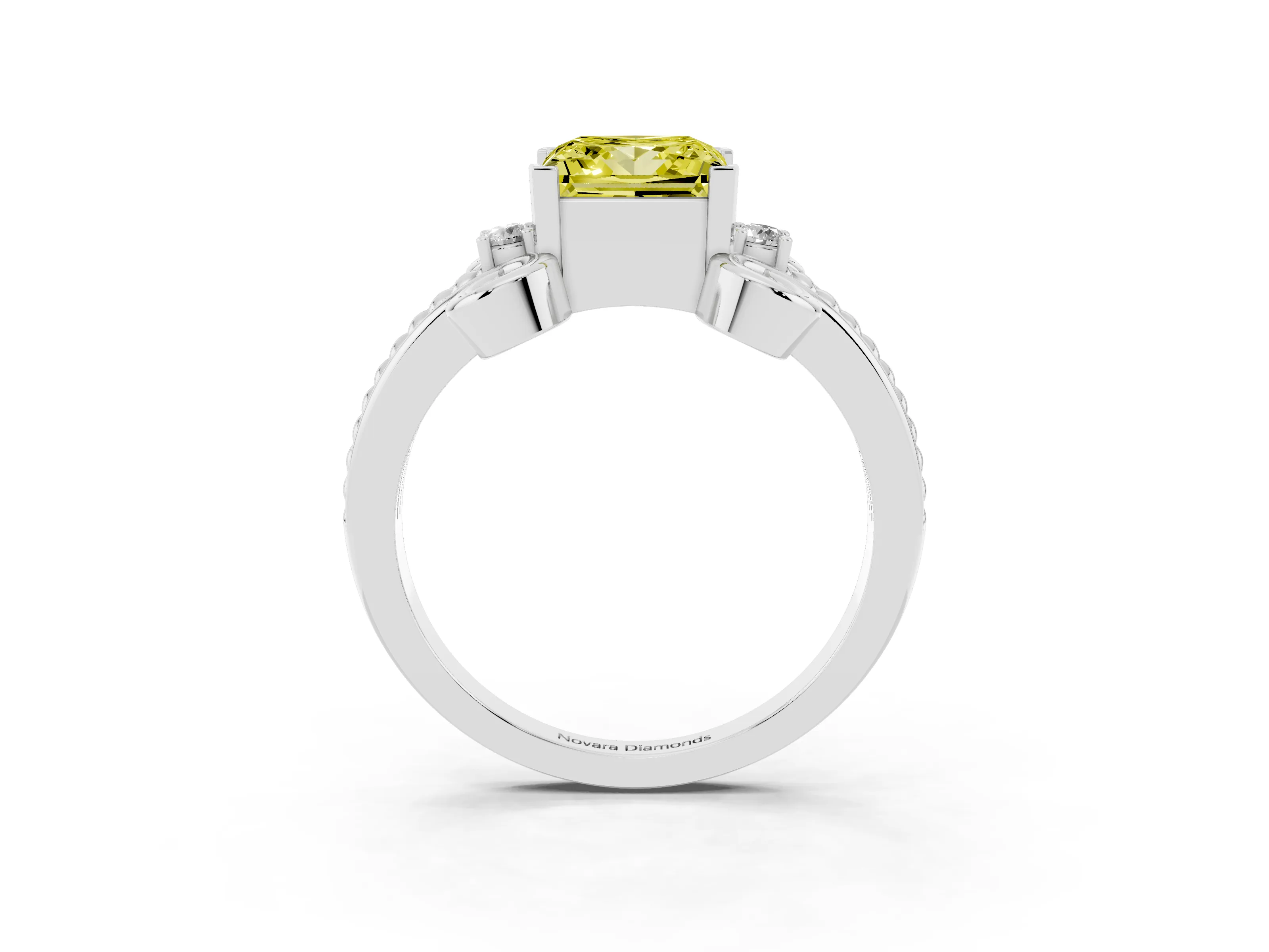 Fancy Yellow Princess Cut Diamond Twisted Band Solitaire Ring Set in White gold with Scroll Prongs