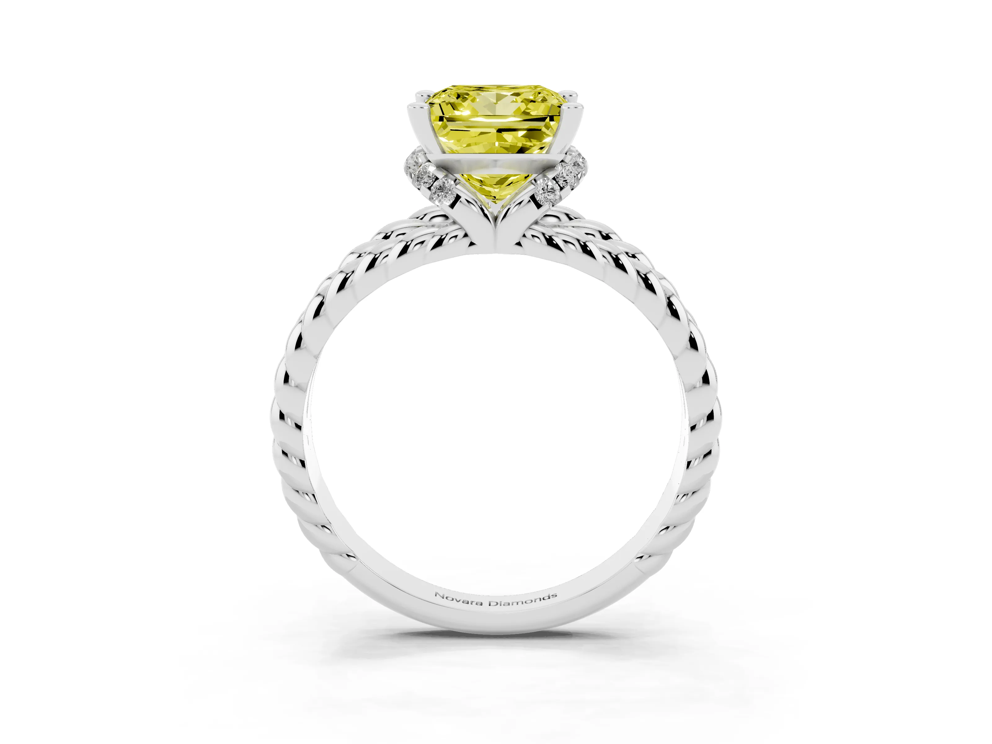Fancy Yellow Princess Cut Diamond Halo Ring Set in White gold with Twisted Band and Prong Setting
