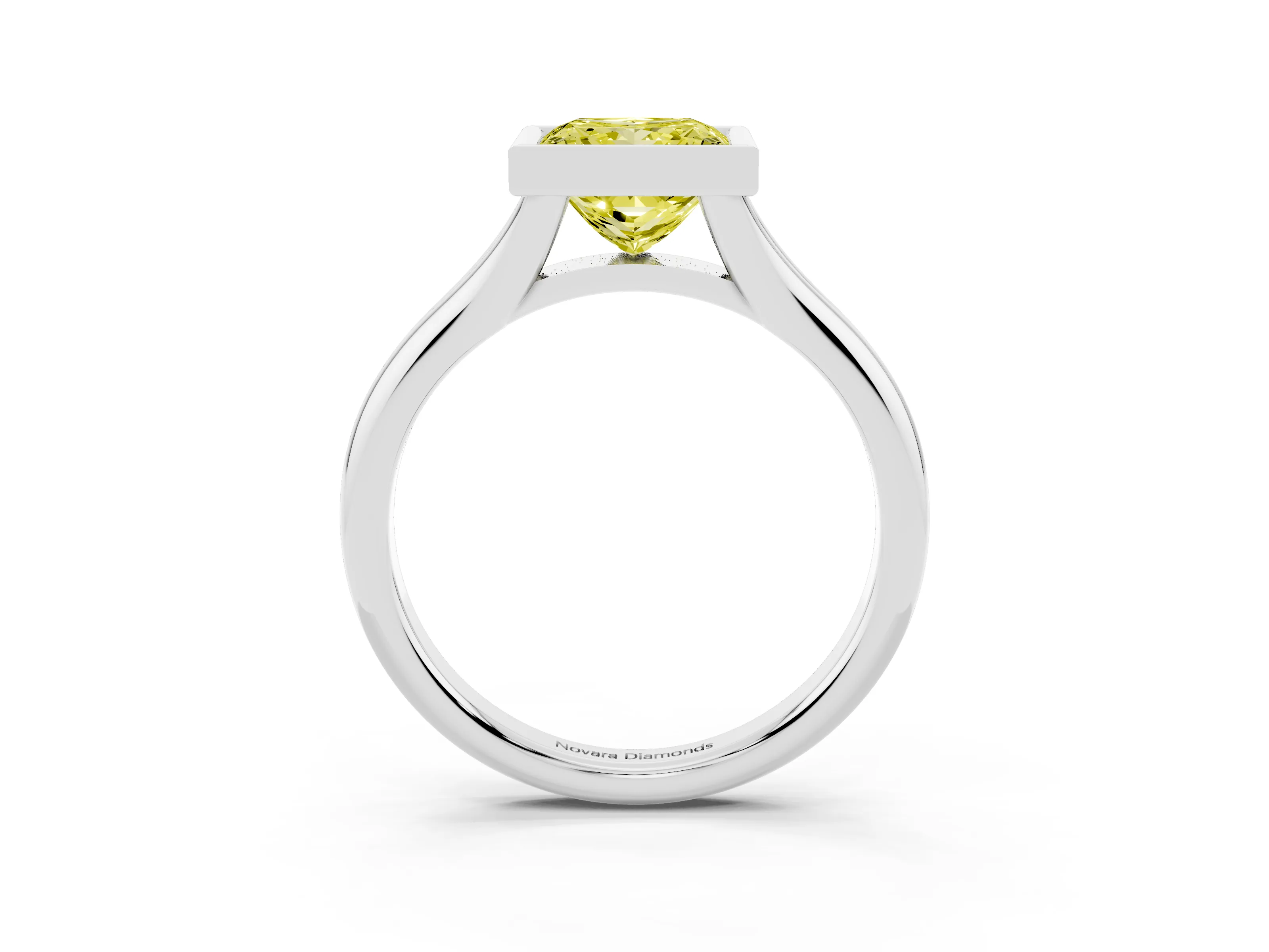 Fancy Yellow Bezel Set Princess Cut Diamond Solitaire Ring Set in Platinum with Smooth Band