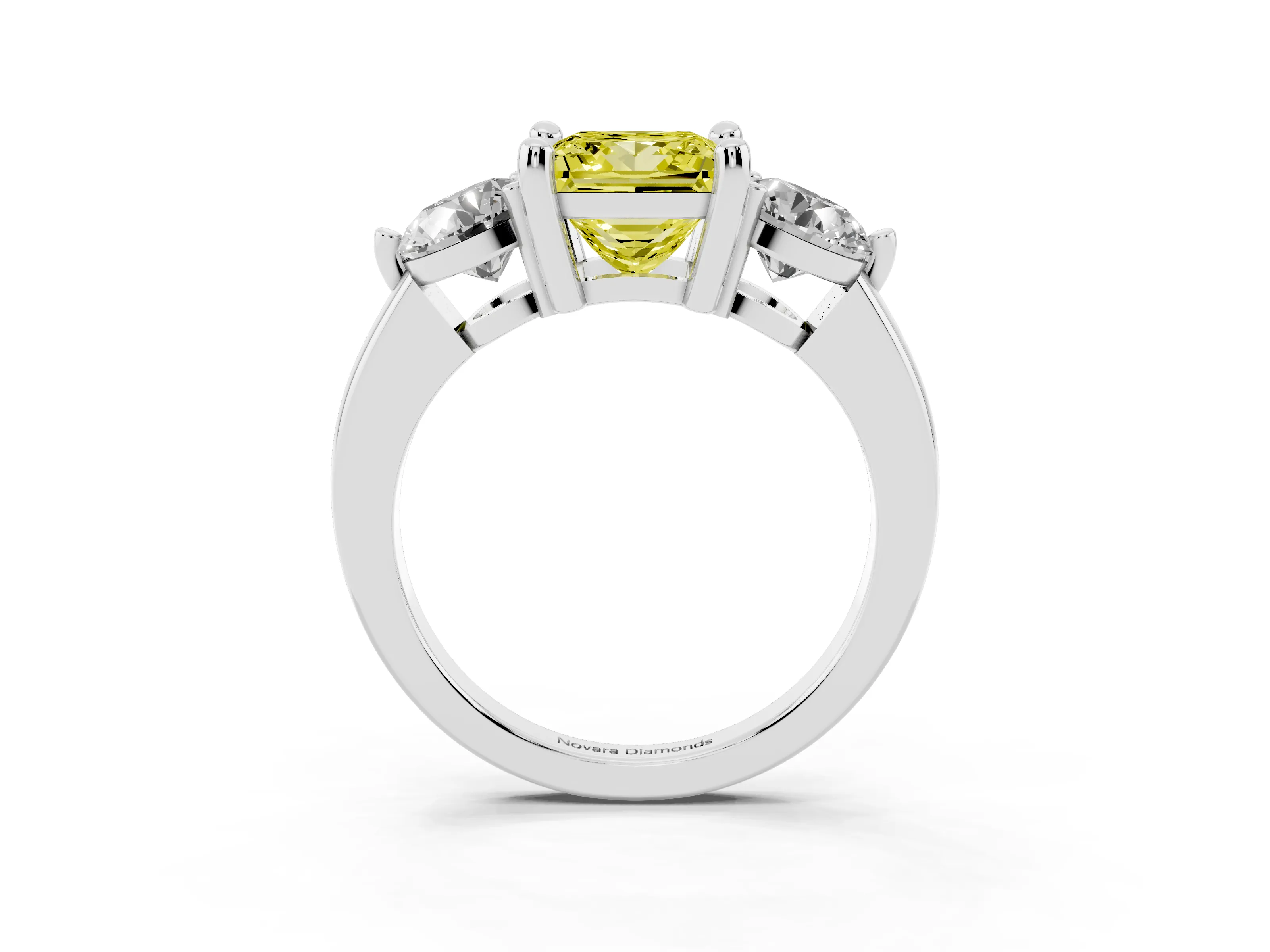 Fancy Yellow Princess Cut Diamond Three-Stone Ring Set in White gold with Prong Setting and Classic Band