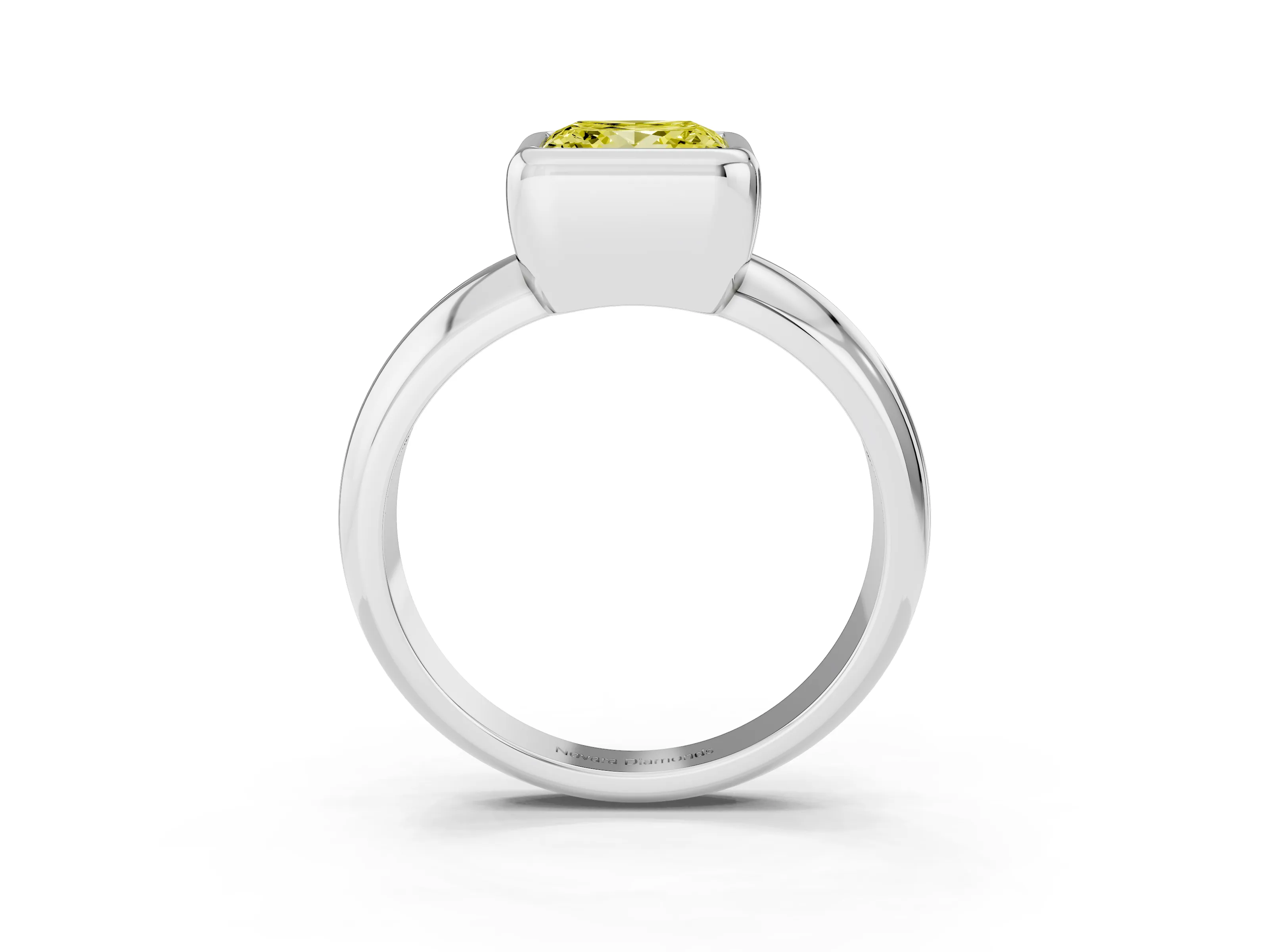Fancy Yellow Bezel Set Princess Cut Diamond Solitaire Ring Set in White gold with Wide Band