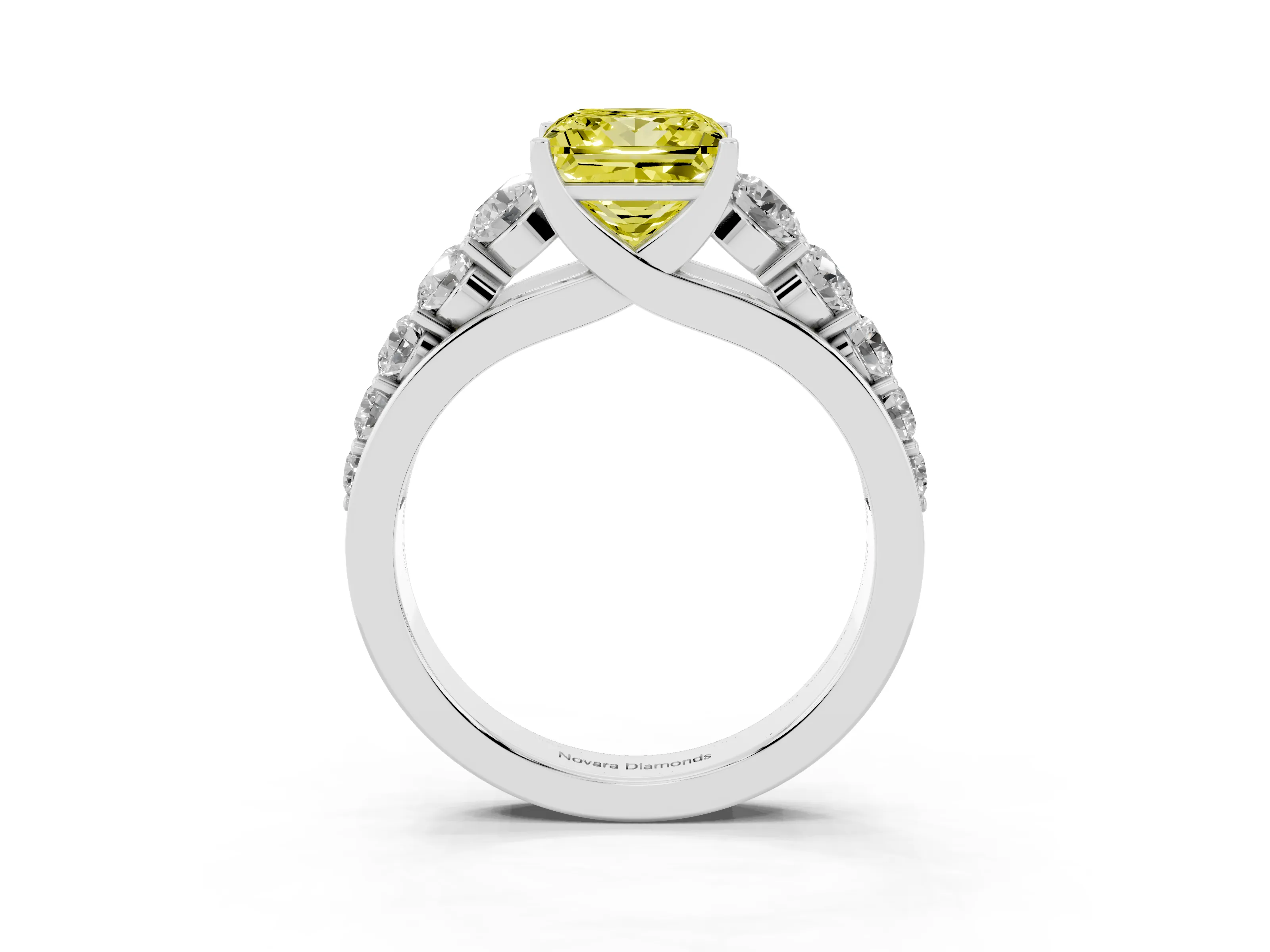 Fancy Yellow Princess Cut Diamond Solitaire Ring Set in Platinum with Pavé-Set Band and Prong Setting