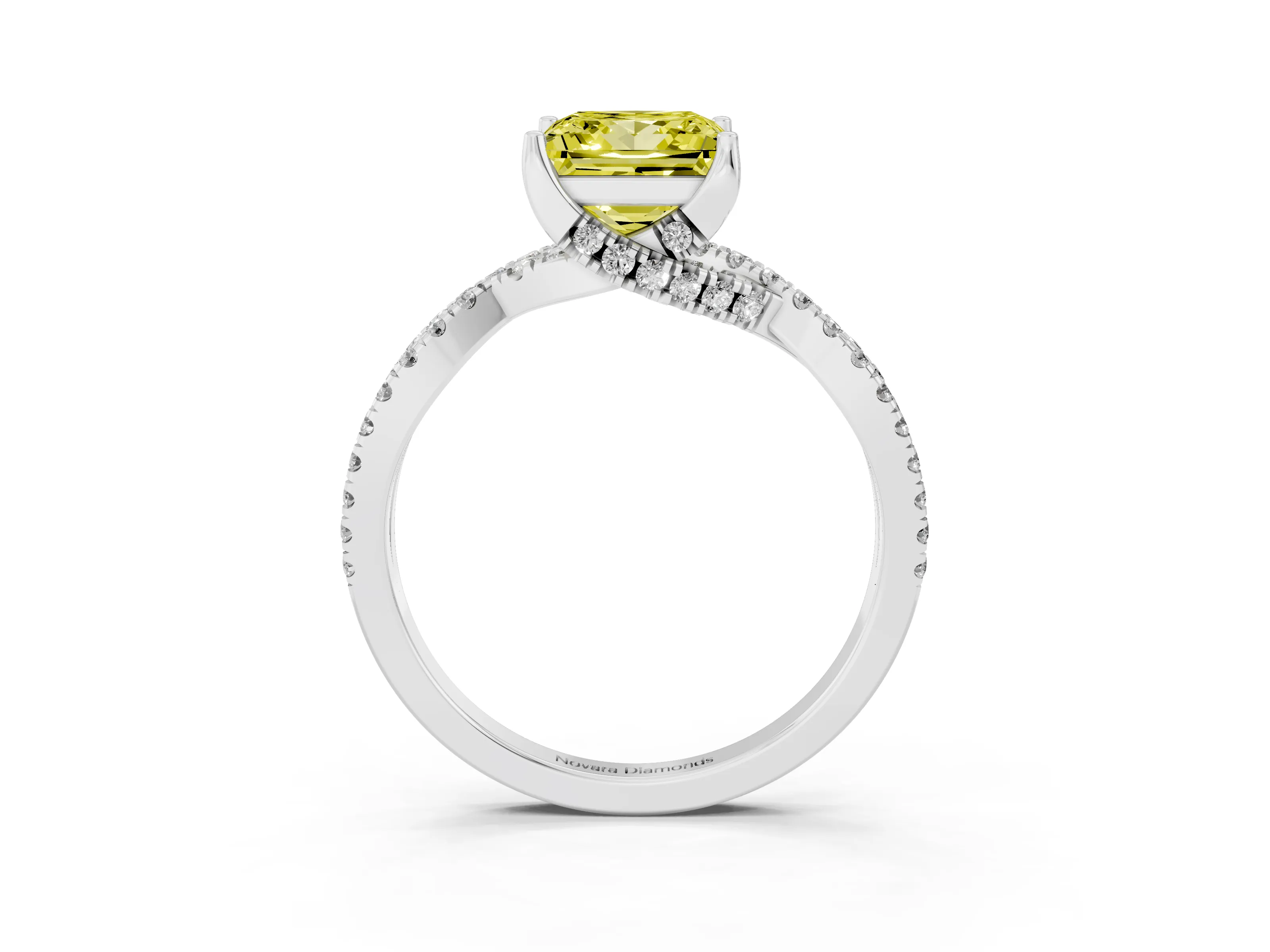 Fancy Yellow Princess Cut Diamond Twist Pavé Solitaire Engagement Ring Set in Silver with Prong Setting