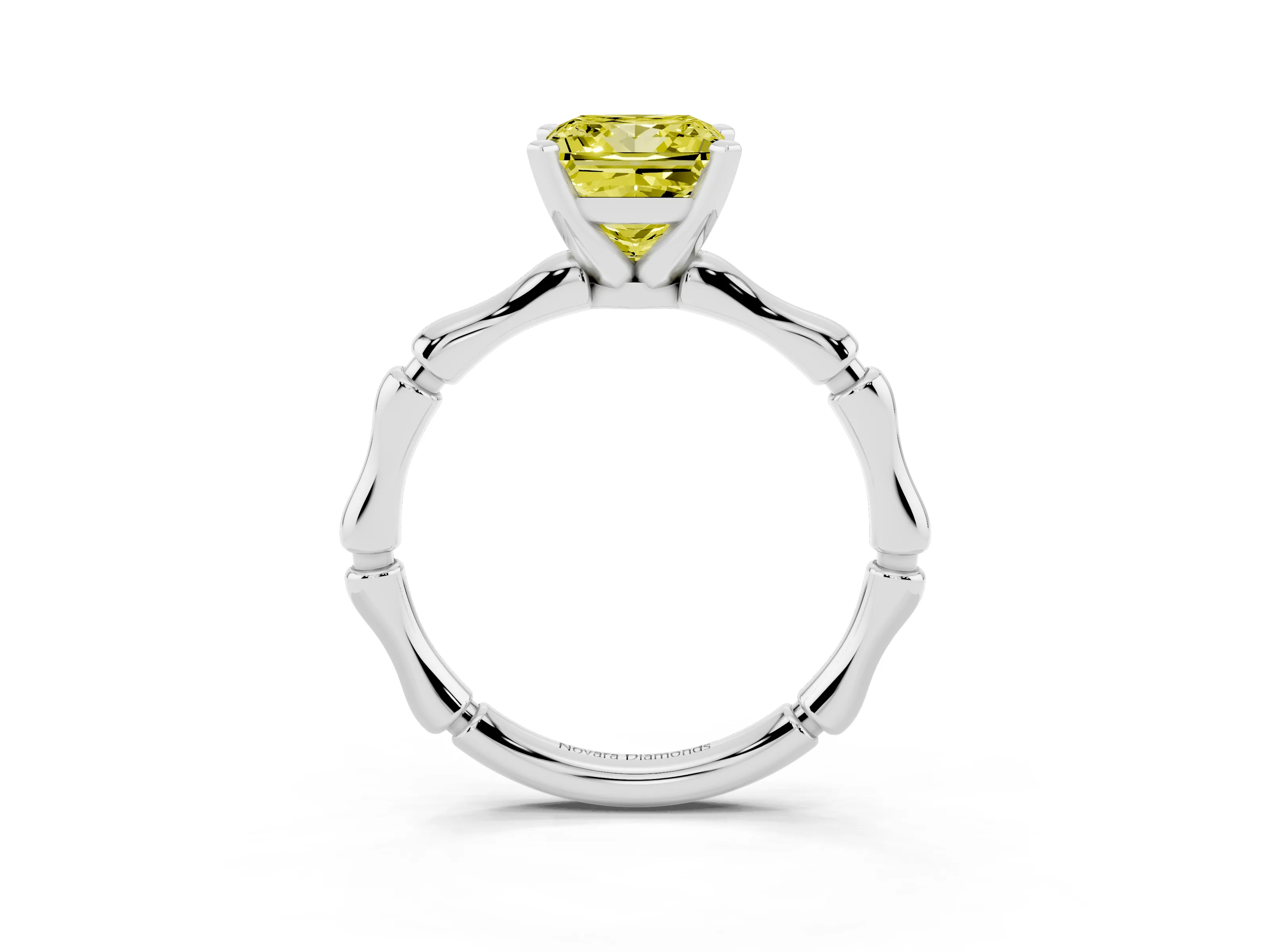 Fancy Yellow Princess Cut Diamond Solitaire Ring Set in Silver with Bamboo Band and Prong Setting
