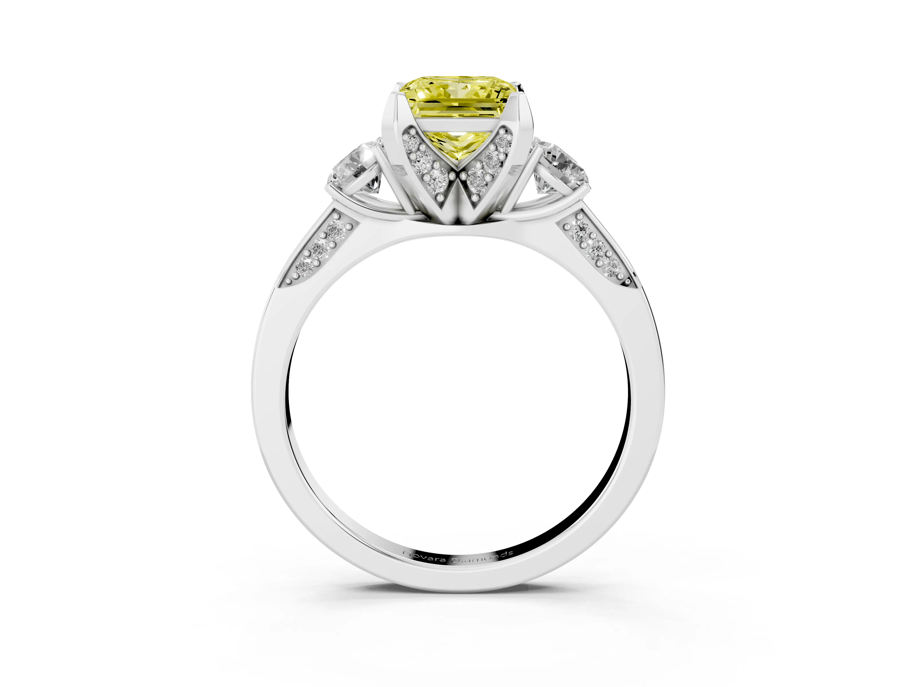 Fancy Yellow Princess Cut Diamond Three-Stone Ring Set in White gold with Pavé Band and Smaller Side Stones