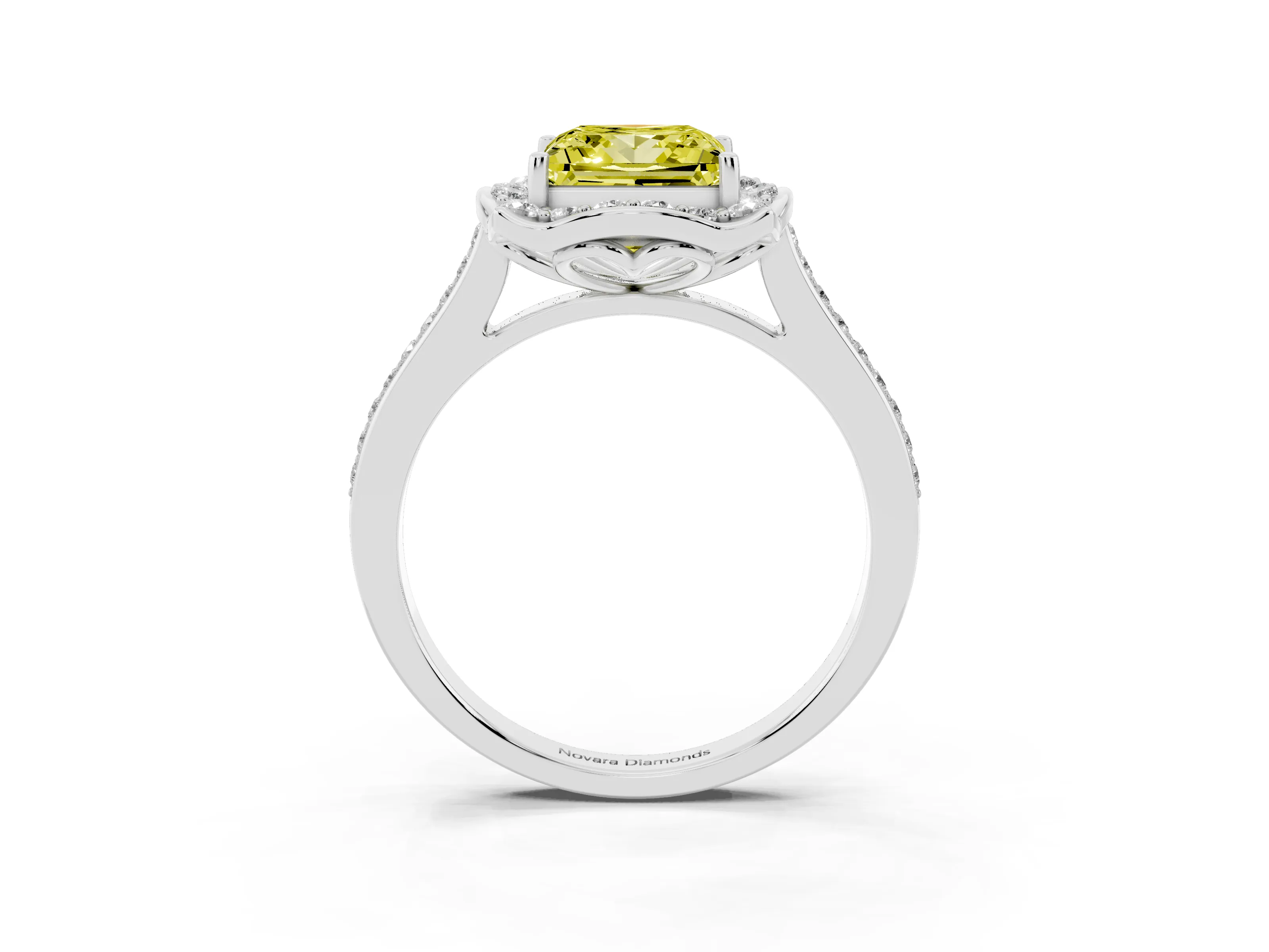 Fancy Yellow Princess Cut Diamond Halo Ring Set in White gold with Pavé-Lined Shoulders and Prong Setting