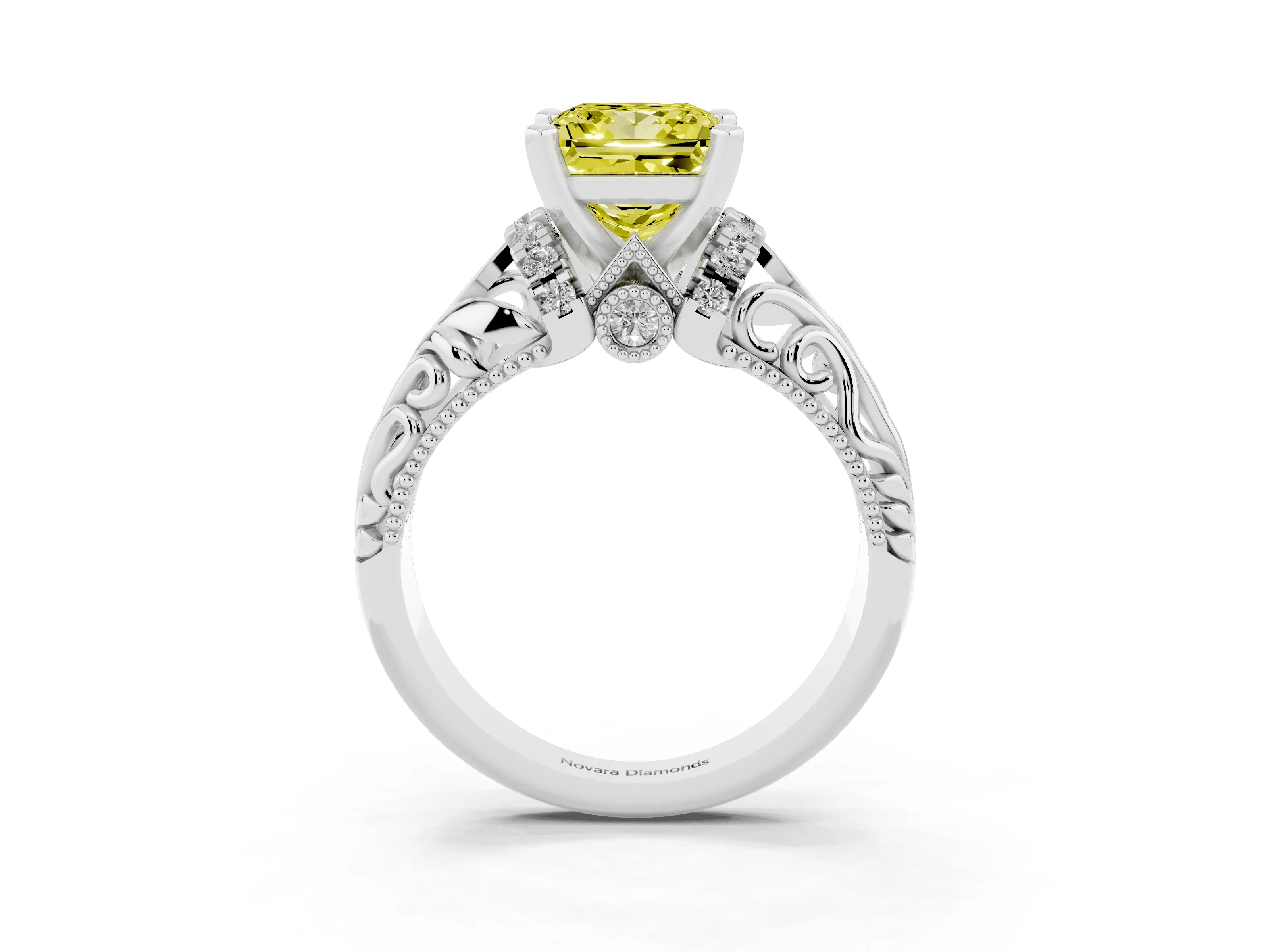 Fancy Yellow Princess Cut Diamond Filigree Halo Engagement Ring Set in White gold with Prong Setting