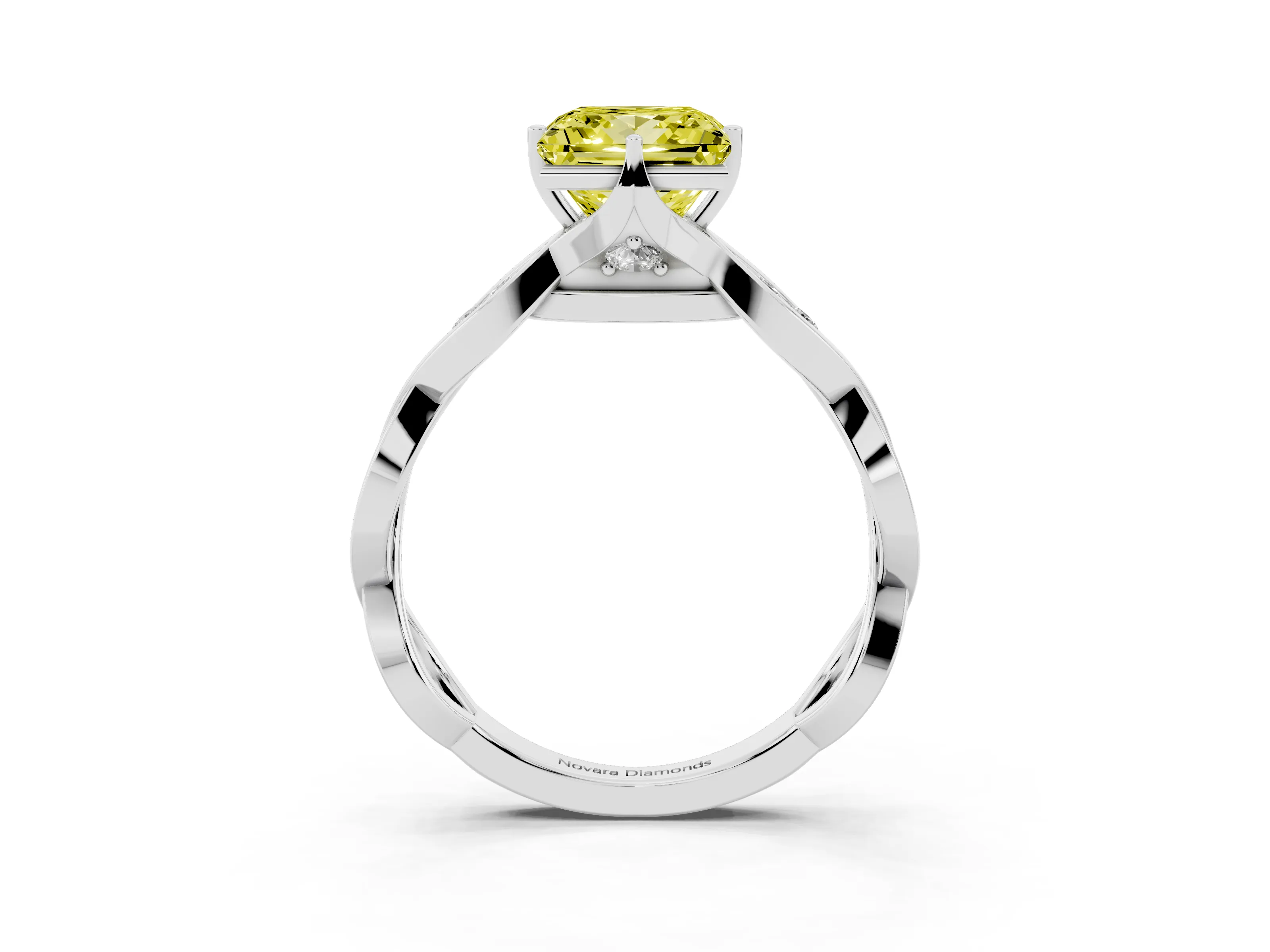 Fancy Yellow Princess Cut Diamond Twist Band Solitaire Ring Set in White gold with Leaf Prong Setting and Accent Stones