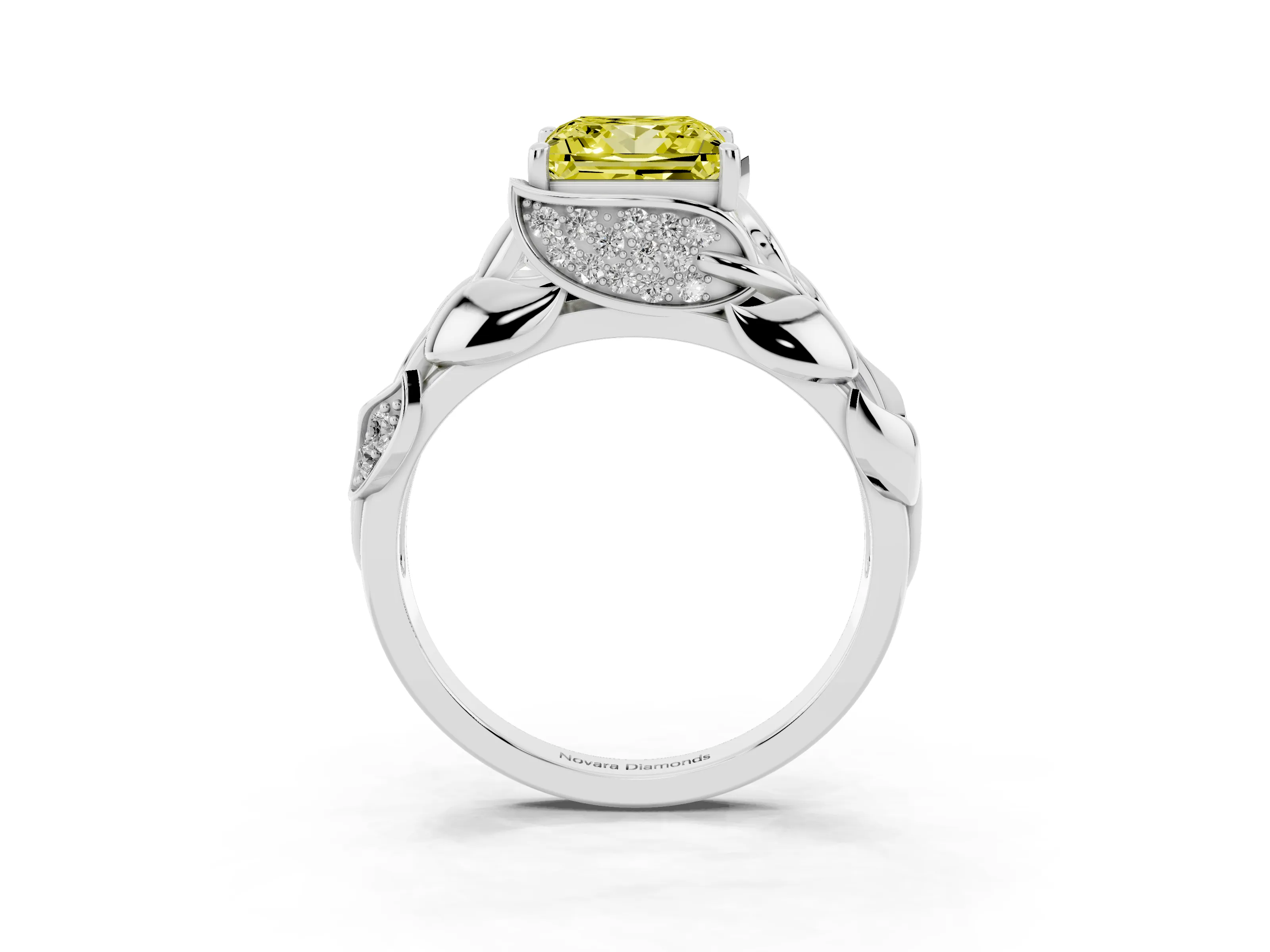 Fancy Yellow Princess Cut Diamond Leaf-Inspired Engagement Ring Set in White gold with Round Accents