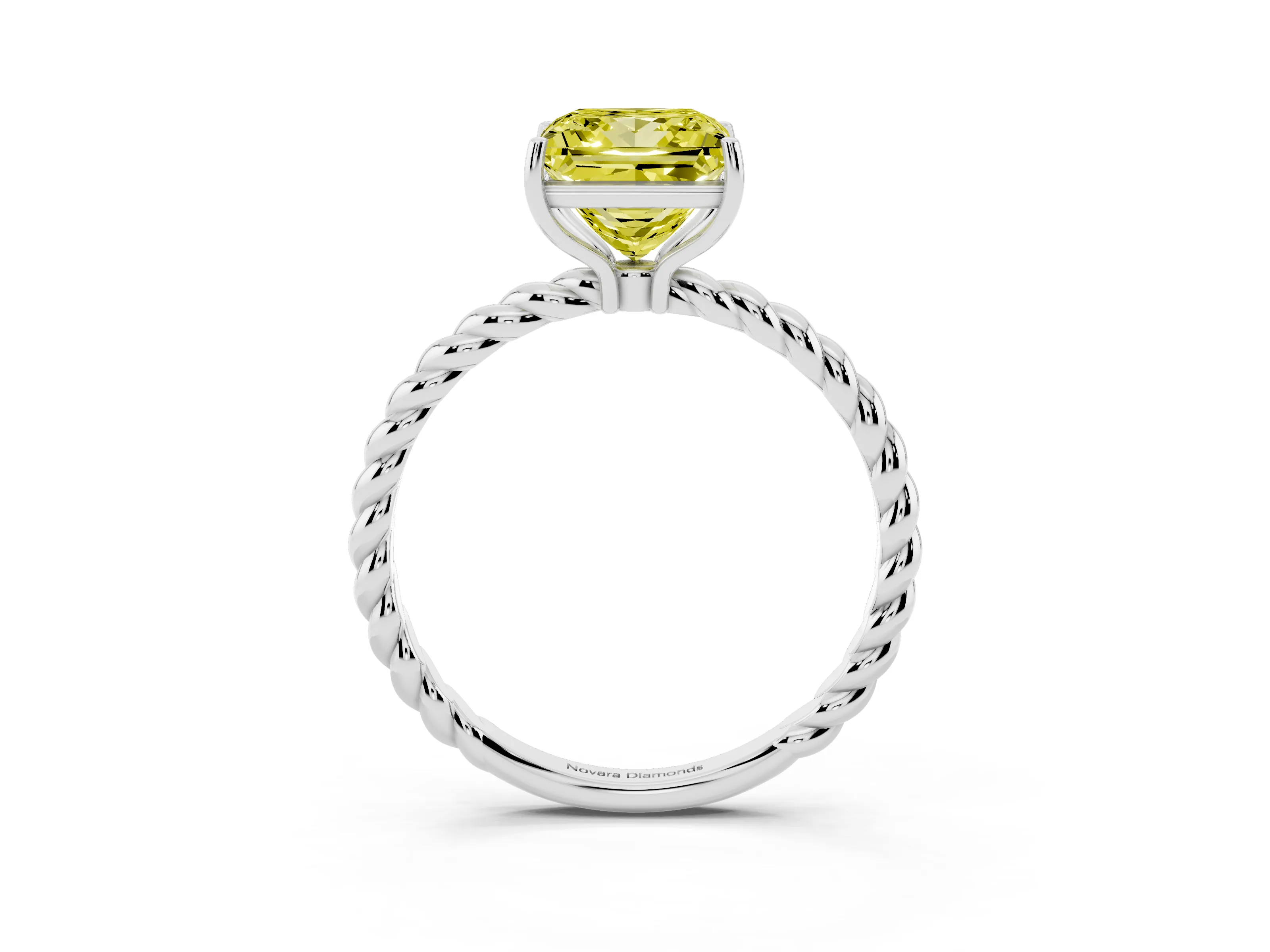 Fancy Yellow Princess Cut Diamond Solitaire Ring Set in White gold with Twist Band and Prong Setting