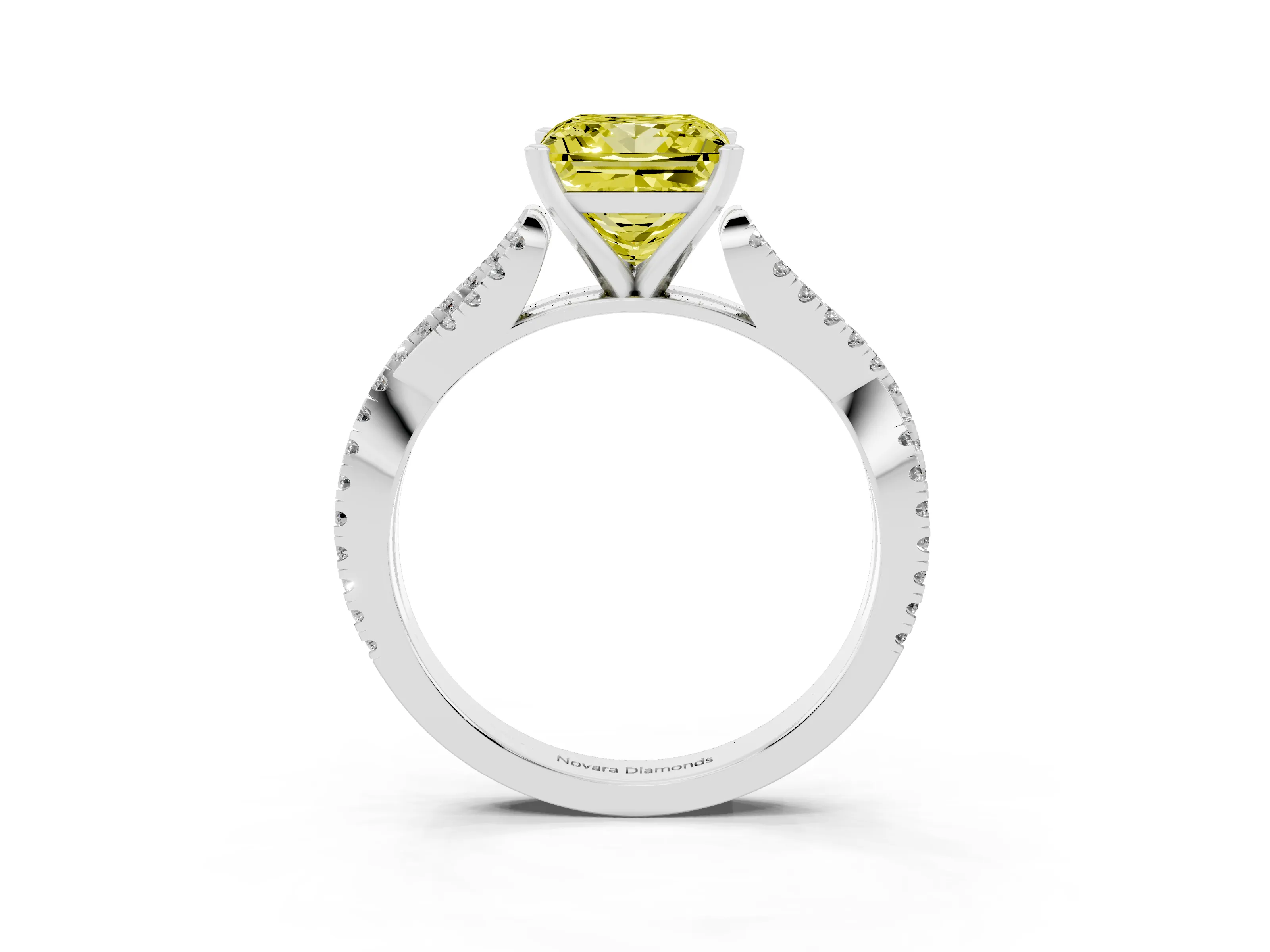 Fancy Yellow Princess Cut Diamond Solitaire Engagement Ring Set in White gold with Twisted Pavé Band and Prong Setting