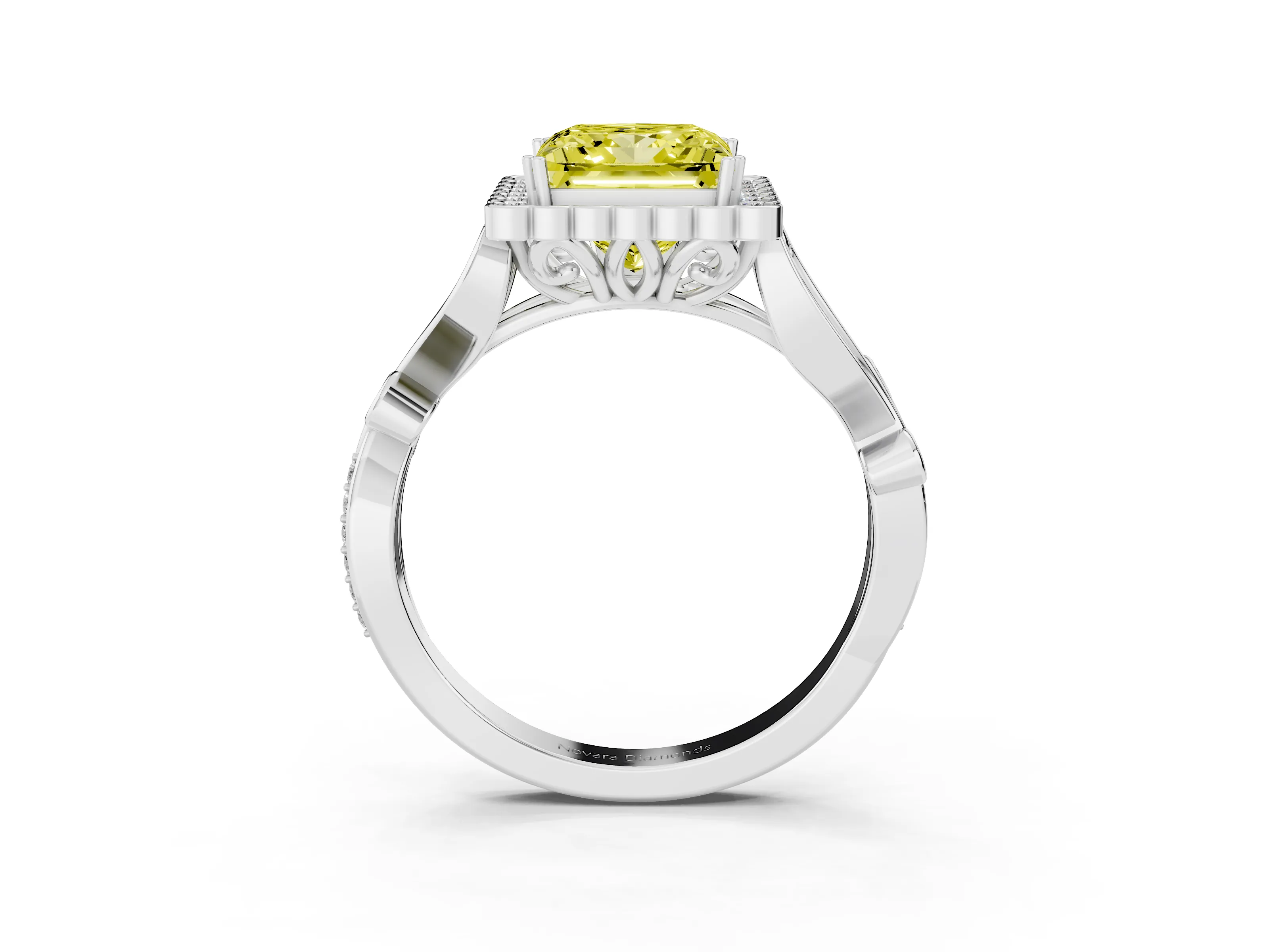 Fancy Yellow Princess Cut Diamond Halo Ring Set in White gold with Leaf Motif Split Shank and Prong Setting