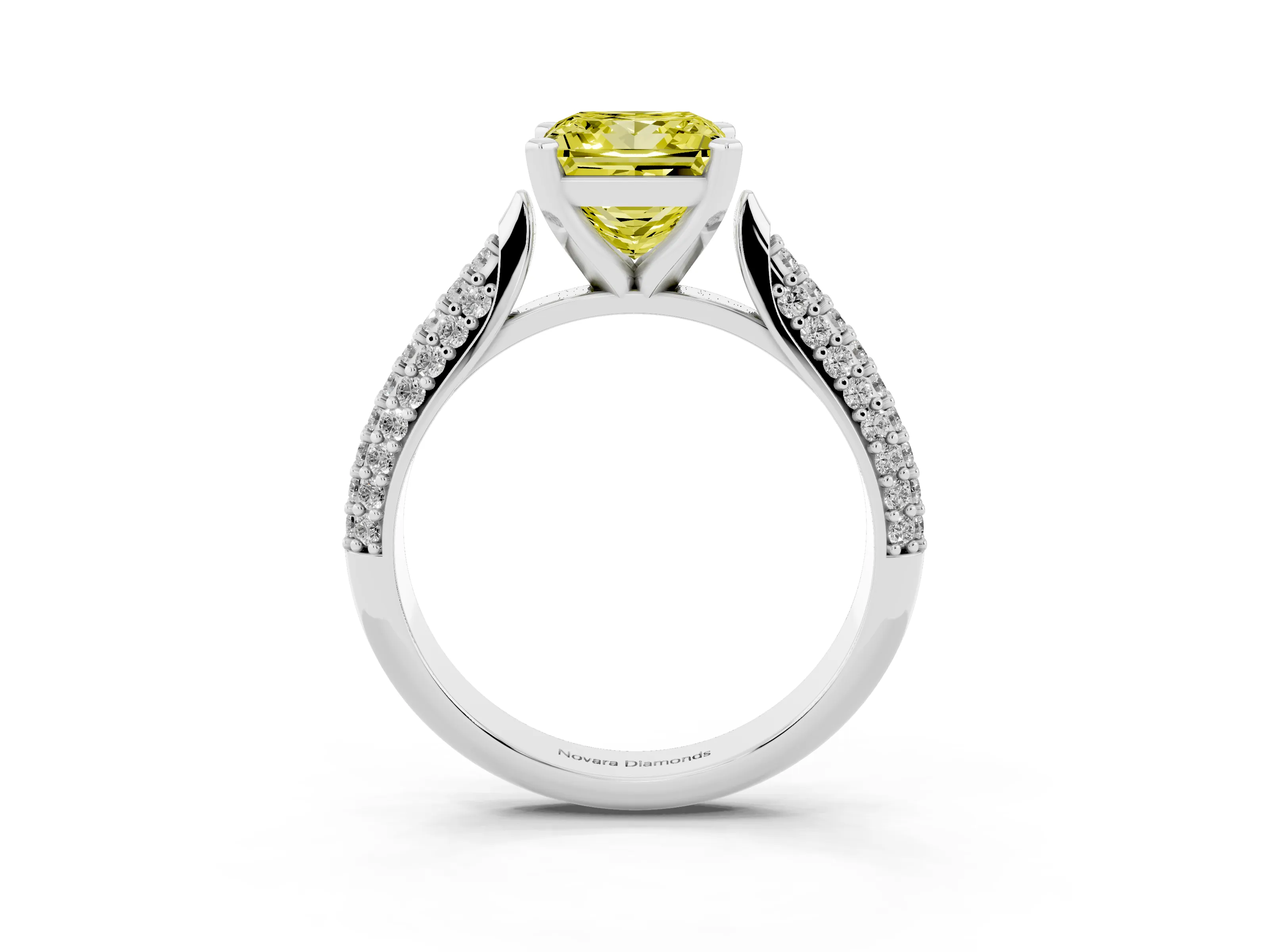 Fancy Yellow Princess Cut Diamond Solitaire Engagement Ring Set in Platinum with Multi-Row Round Pavé Band and Prong Setting