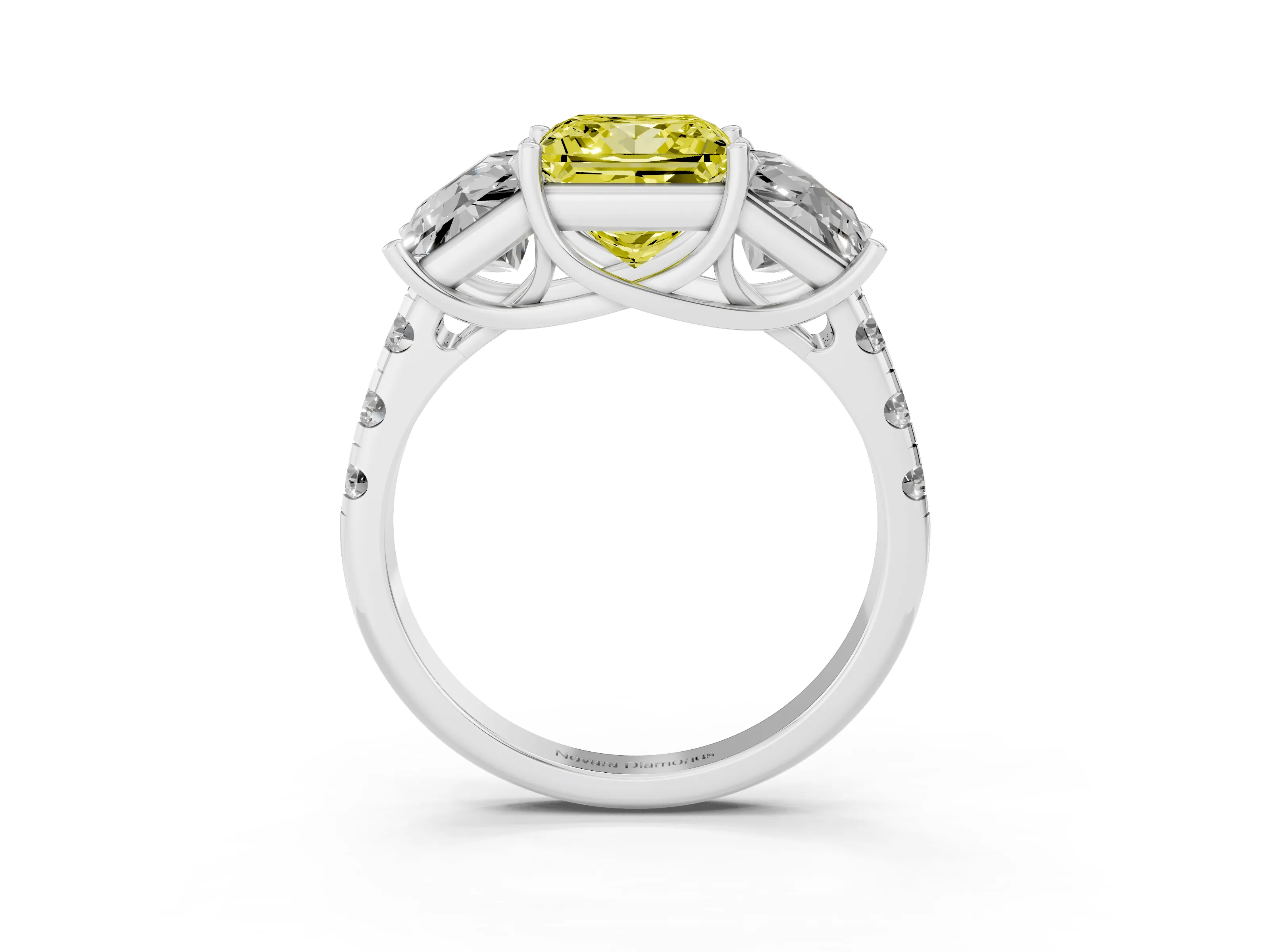 Fancy Yellow Princess Cut Diamond Three-Stone Ring Set in White gold with Pavé Band