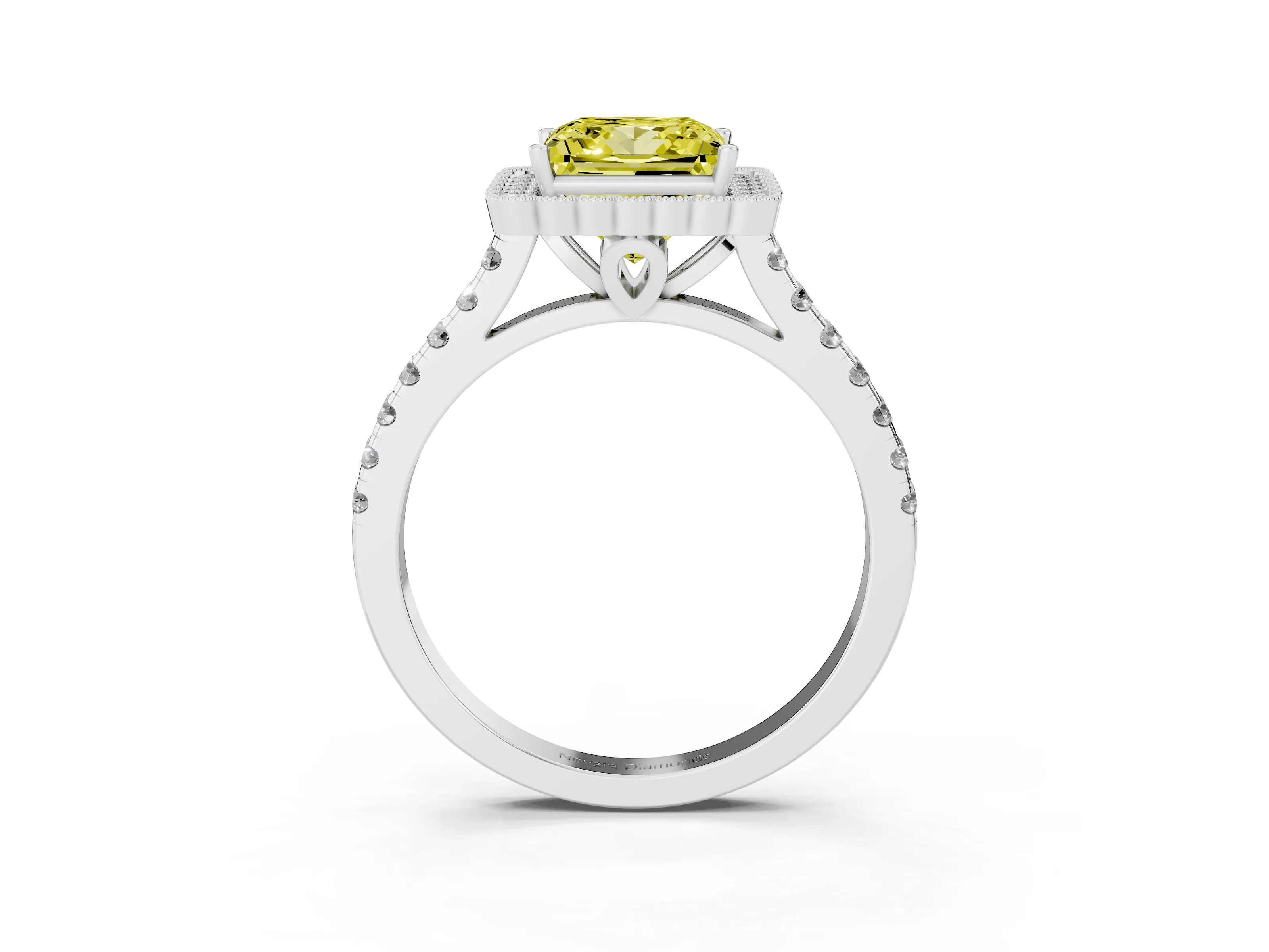 Fancy Yellow Princess Cut Diamond Milgrain Floral Halo Engagement Ring Set in White gold with Pavé Band