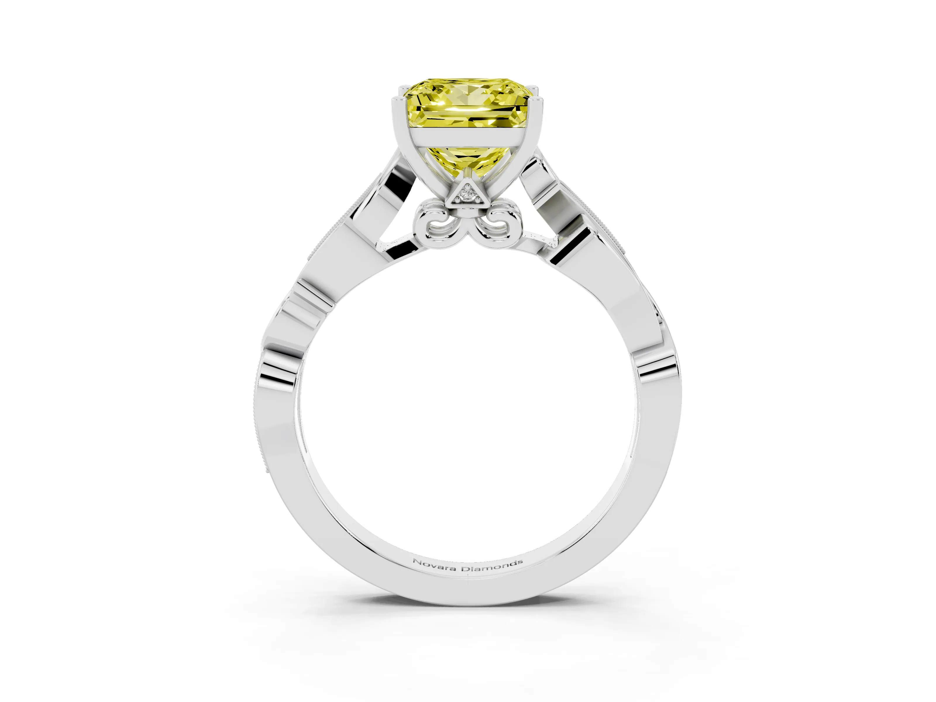 Fancy Yellow Princess Cut Diamond Vine Band Solitaire Ring Set in White gold with Milgrain Prong Setting