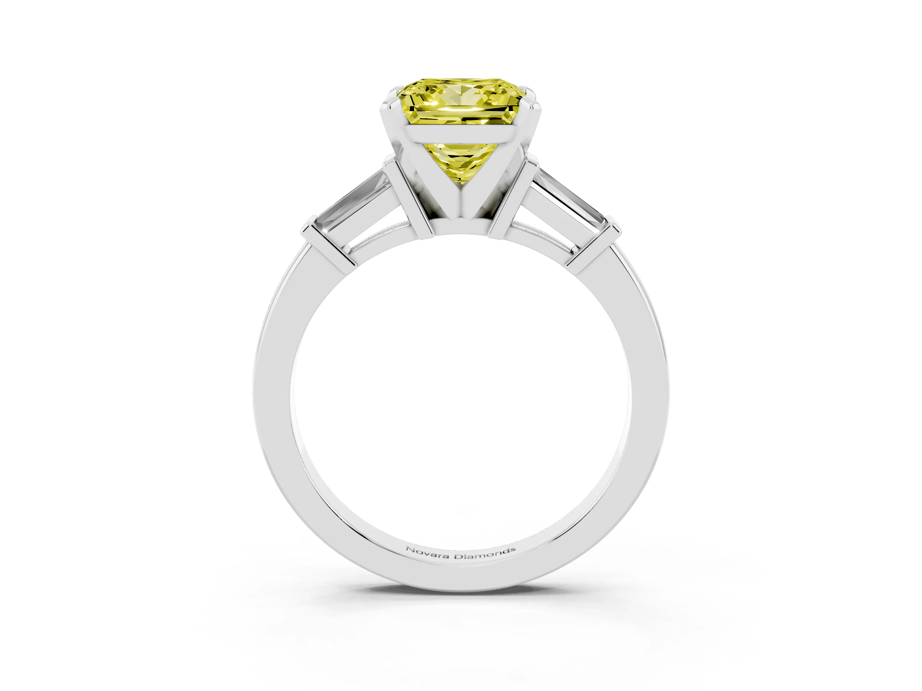 Fancy Yellow Princess Cut Diamond Solitaire Ring Set in White gold with Tapered Baguette Accents and Prong Setting