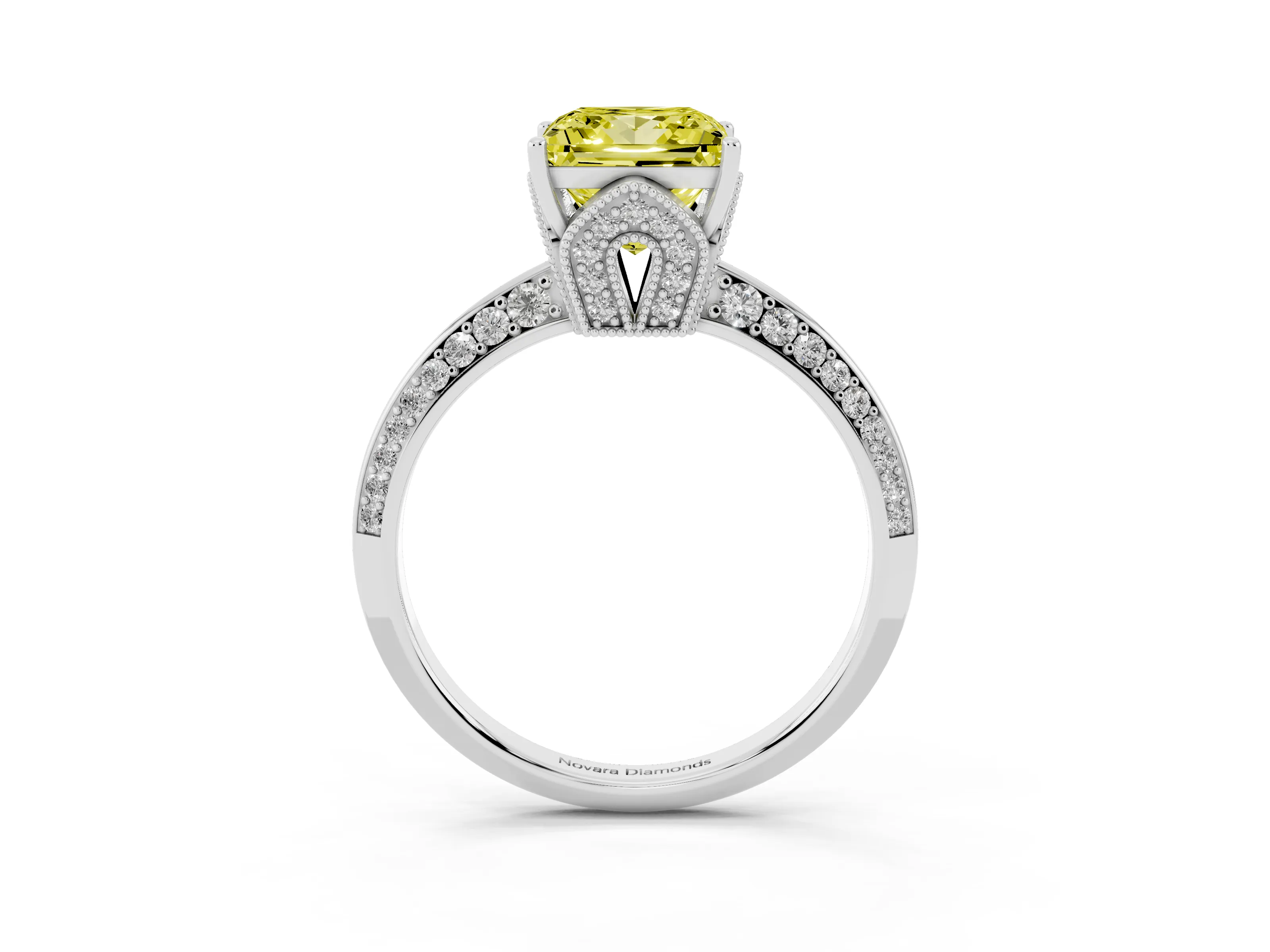 Fancy Yellow Princess Cut Diamond Solitaire Engagement Ring Set in White gold with Pavé Split Shank and Prong Setting