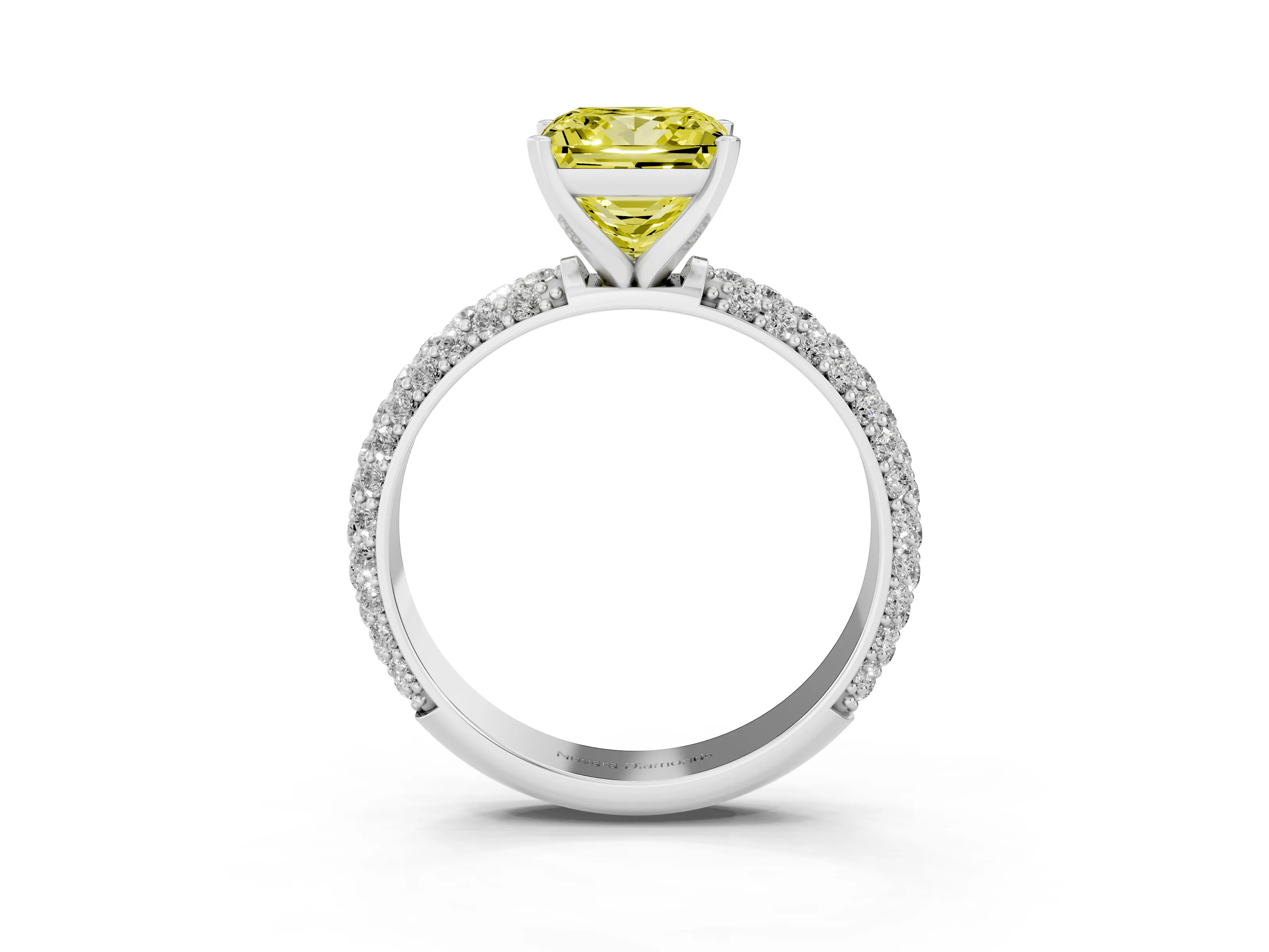 Fancy Yellow Princess Cut Diamond Solitaire Ring Set in Platinum with Prong Setting and Pavé-Set Band