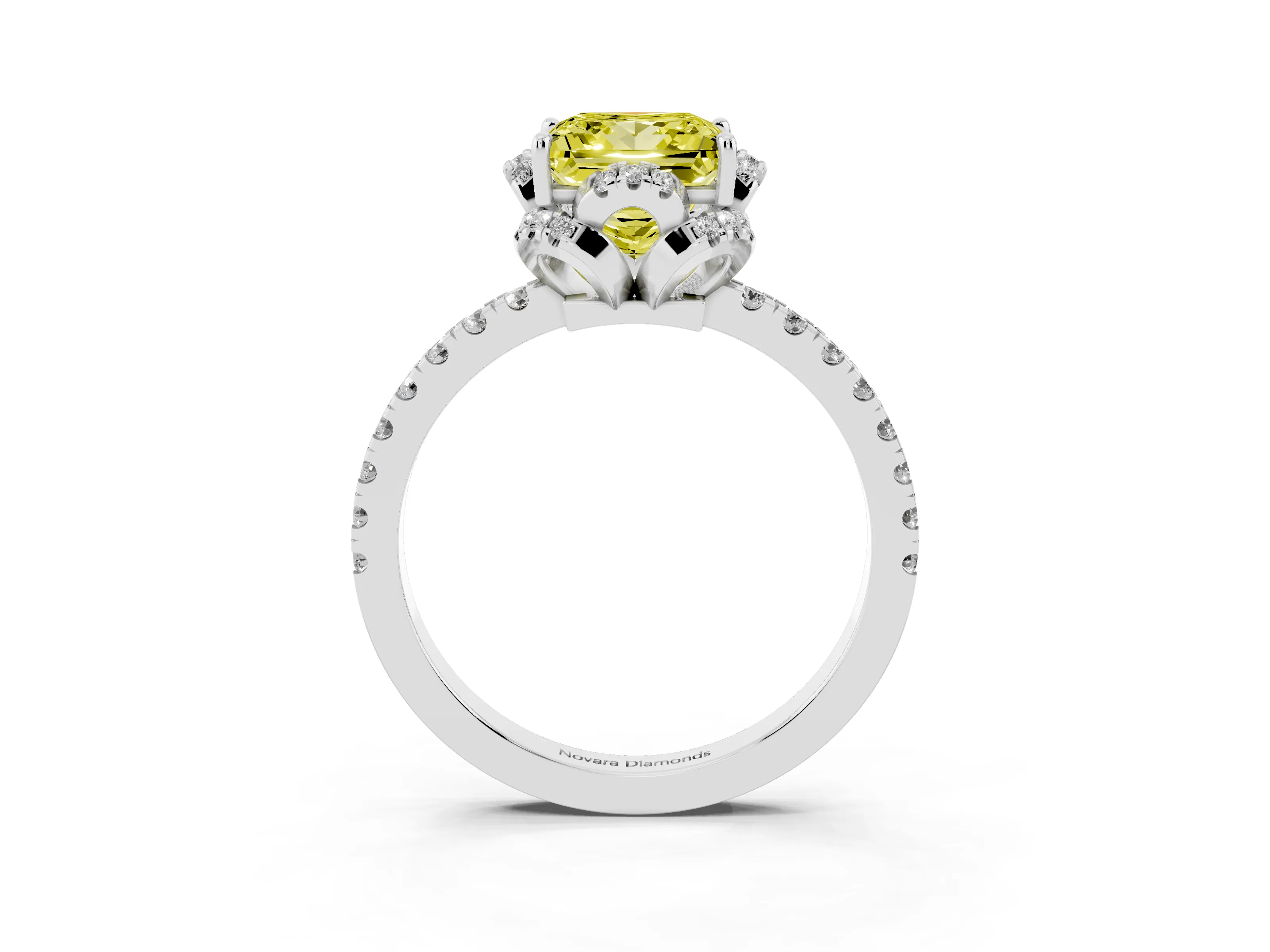 Fancy Yellow Princess Cut Diamond Halo Pavé Band Ring Set in White gold with Prong-Held Center