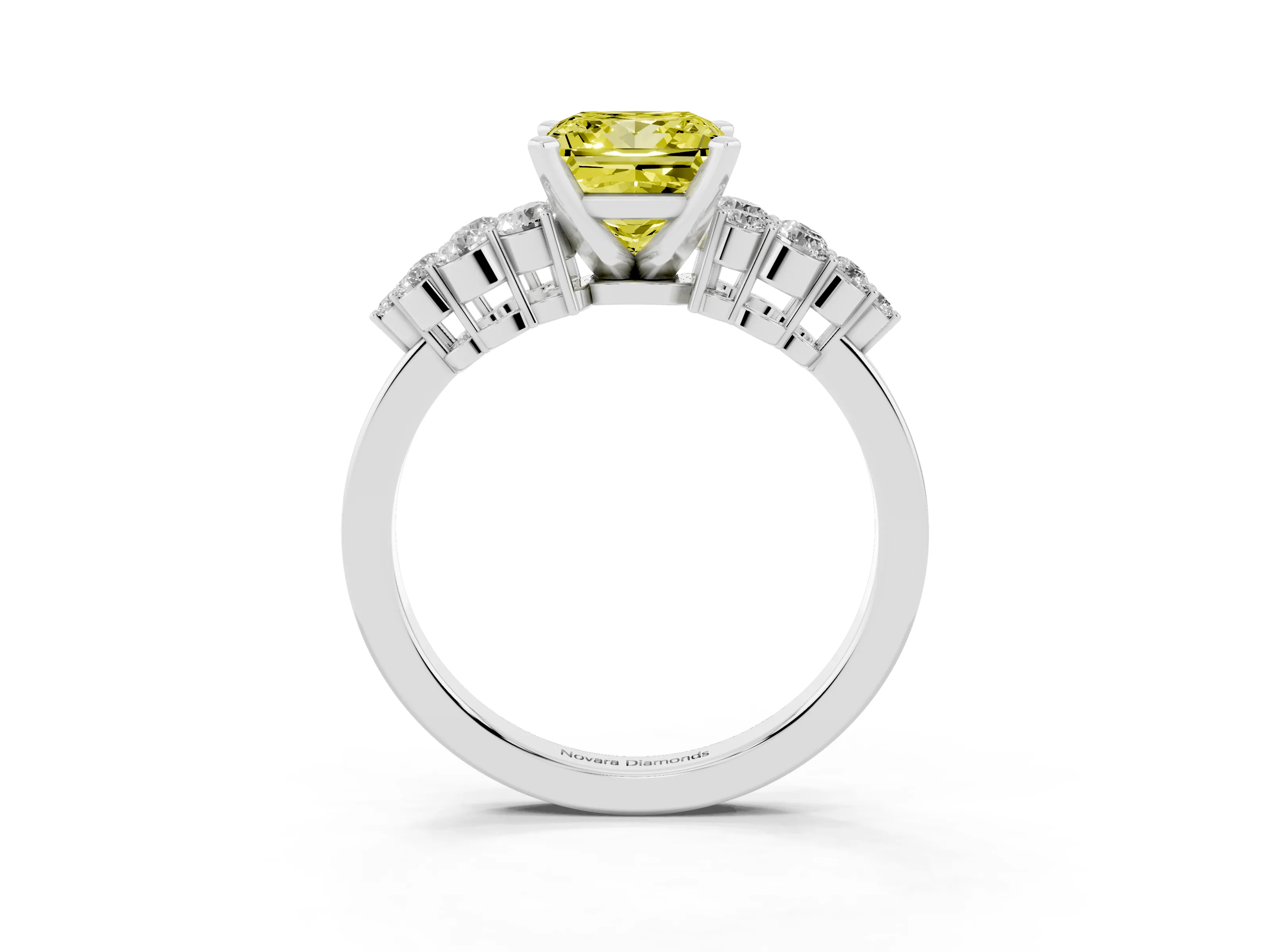 Fancy Yellow Princess Cut Diamond Cluster Engagement Ring Set in Platinum with Pavé Band and Prong Setting