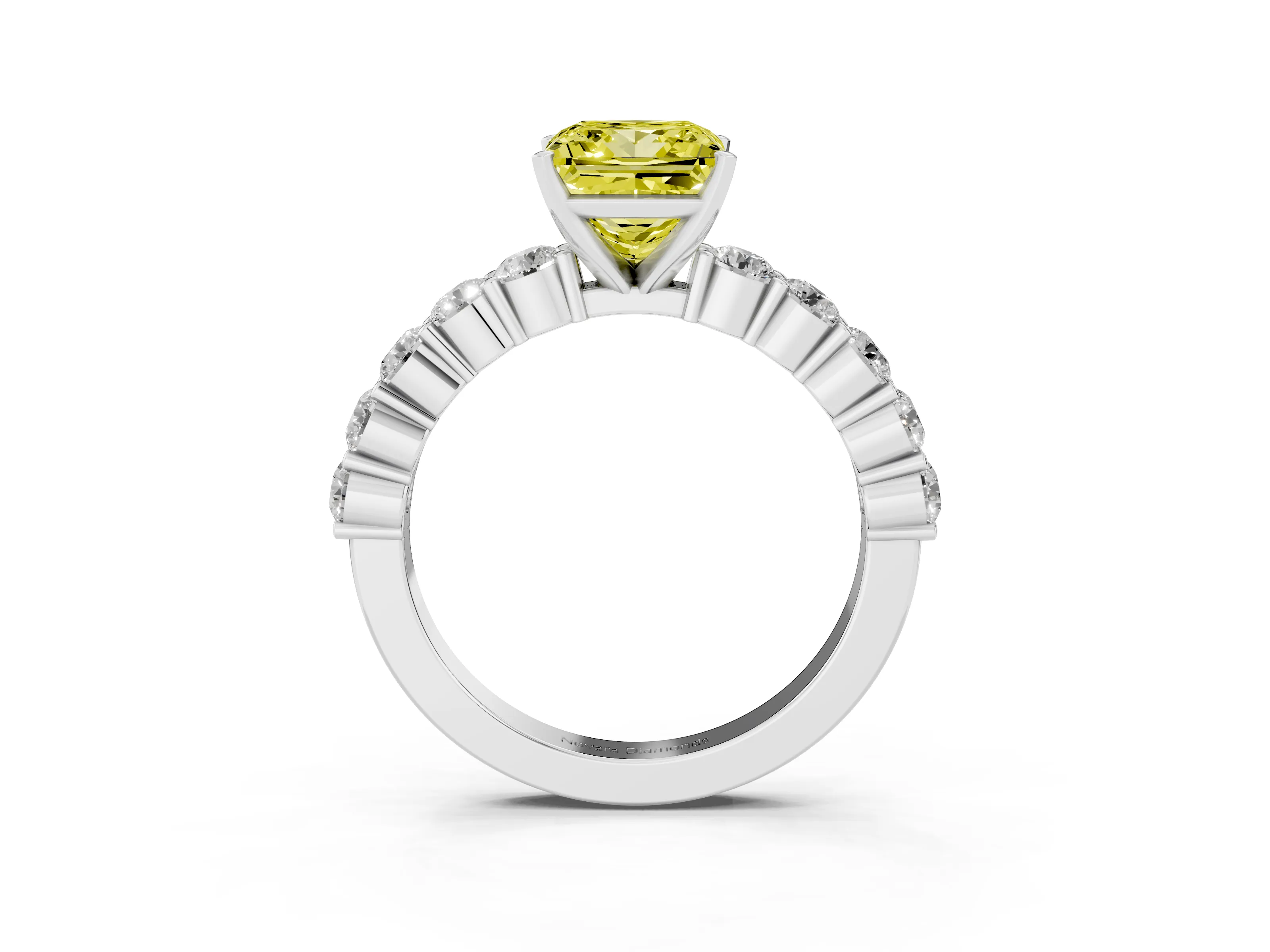Fancy Yellow Princess Cut Diamond Solitaire Ring Set in White gold with Shared Prong Round Side Stones
